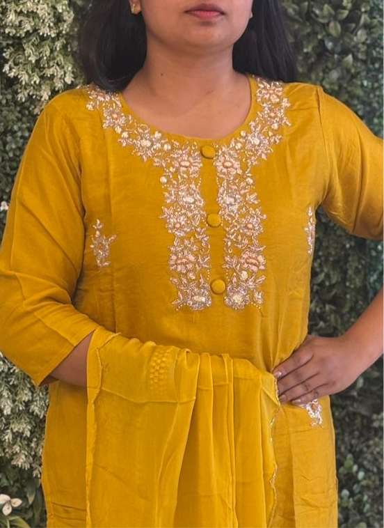 Masturd Yellow Designer Handwork embroidery kurtha