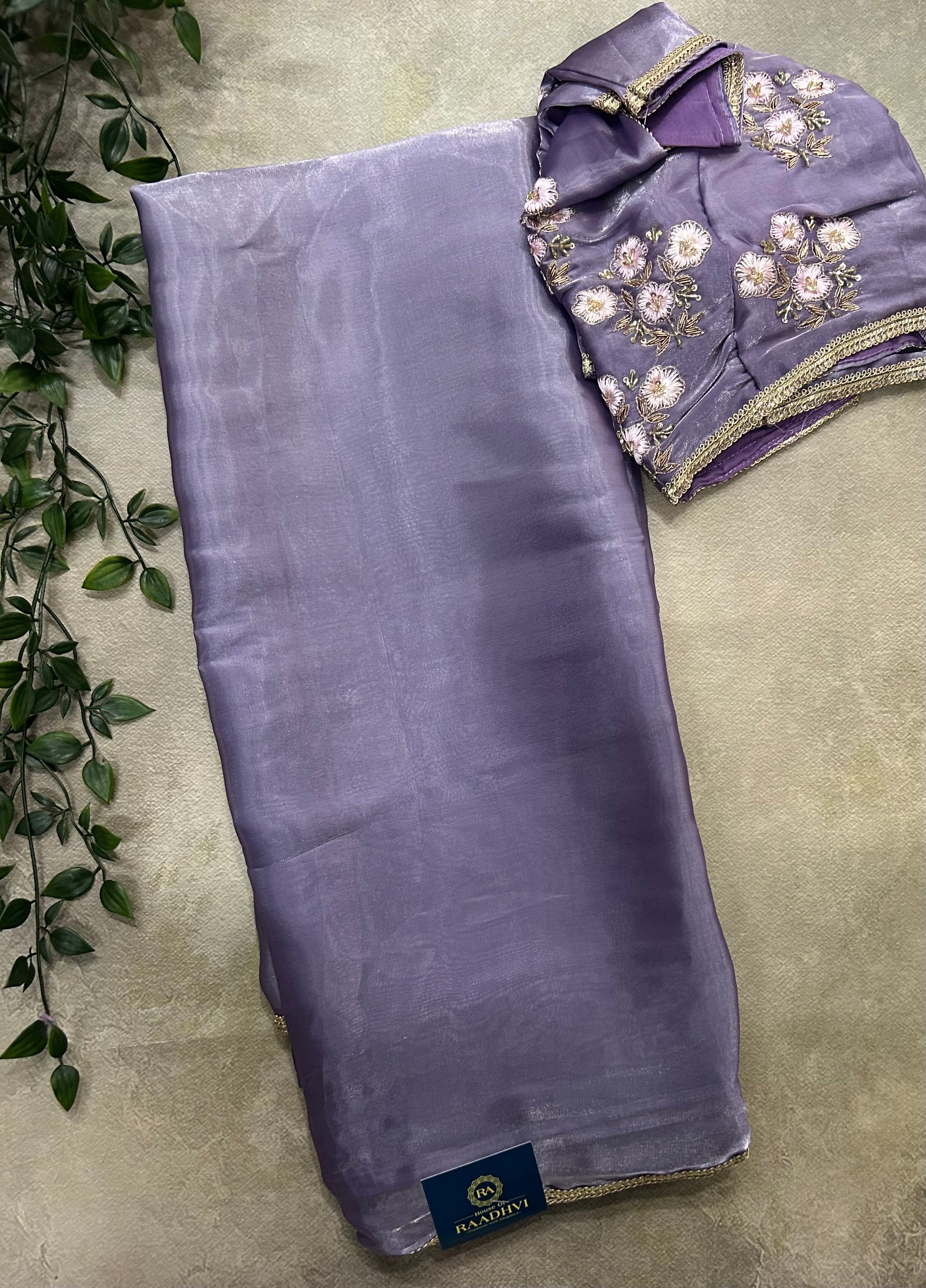 Lavender with stitched blouse satin party wear saree