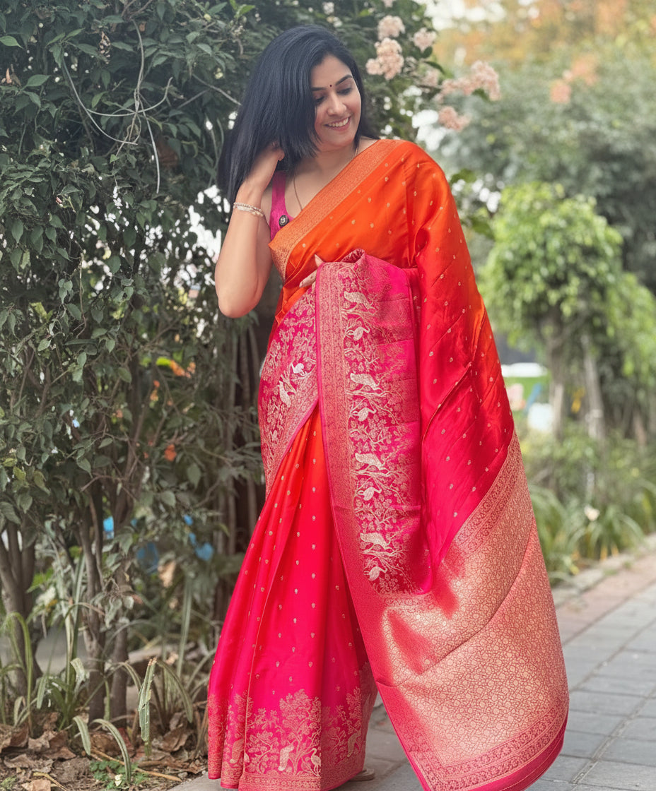 Orange pink mushru 11 satin crepe saree