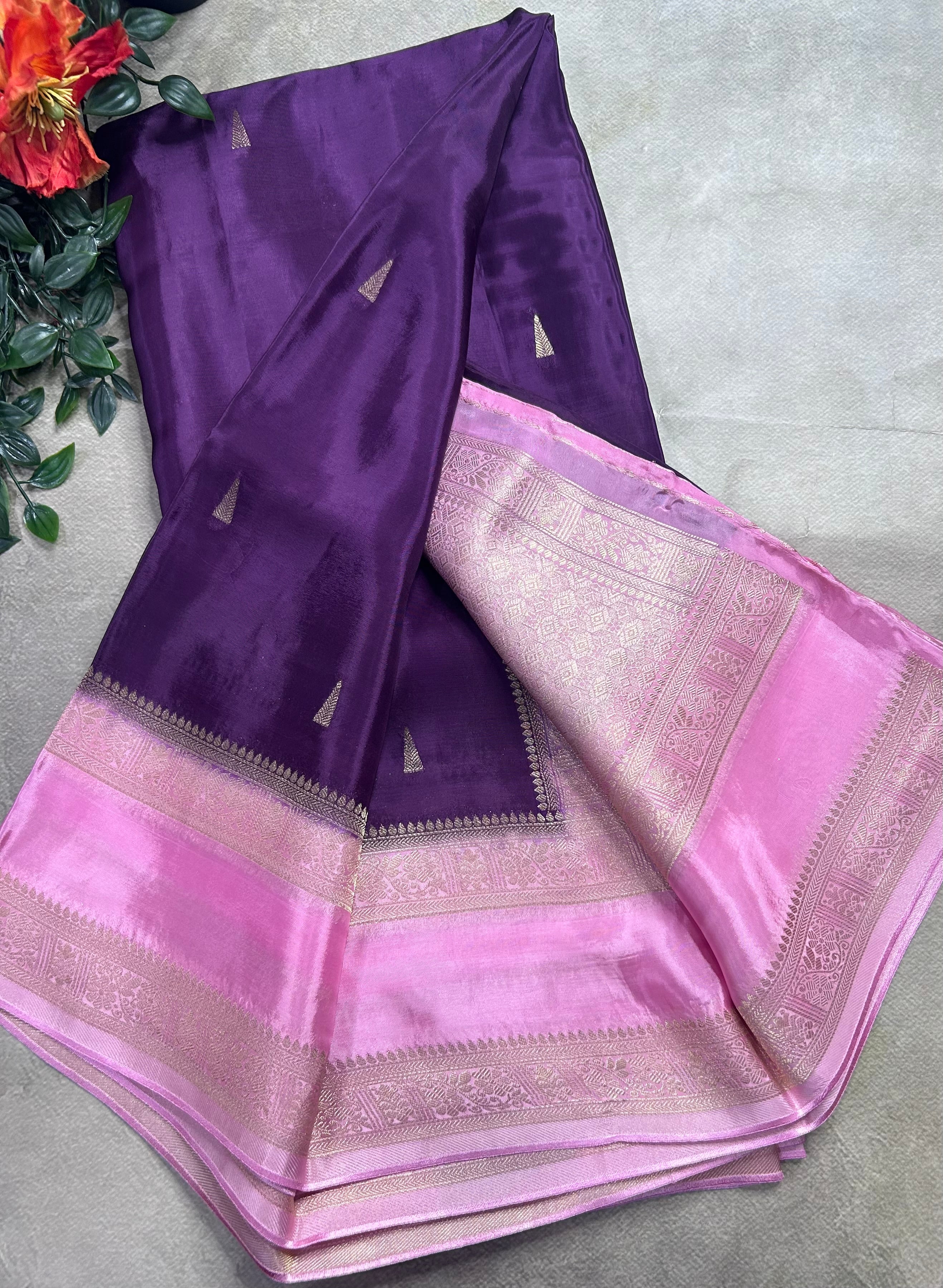 Purple contrast bentex border semi Mysore crepe 106 saree