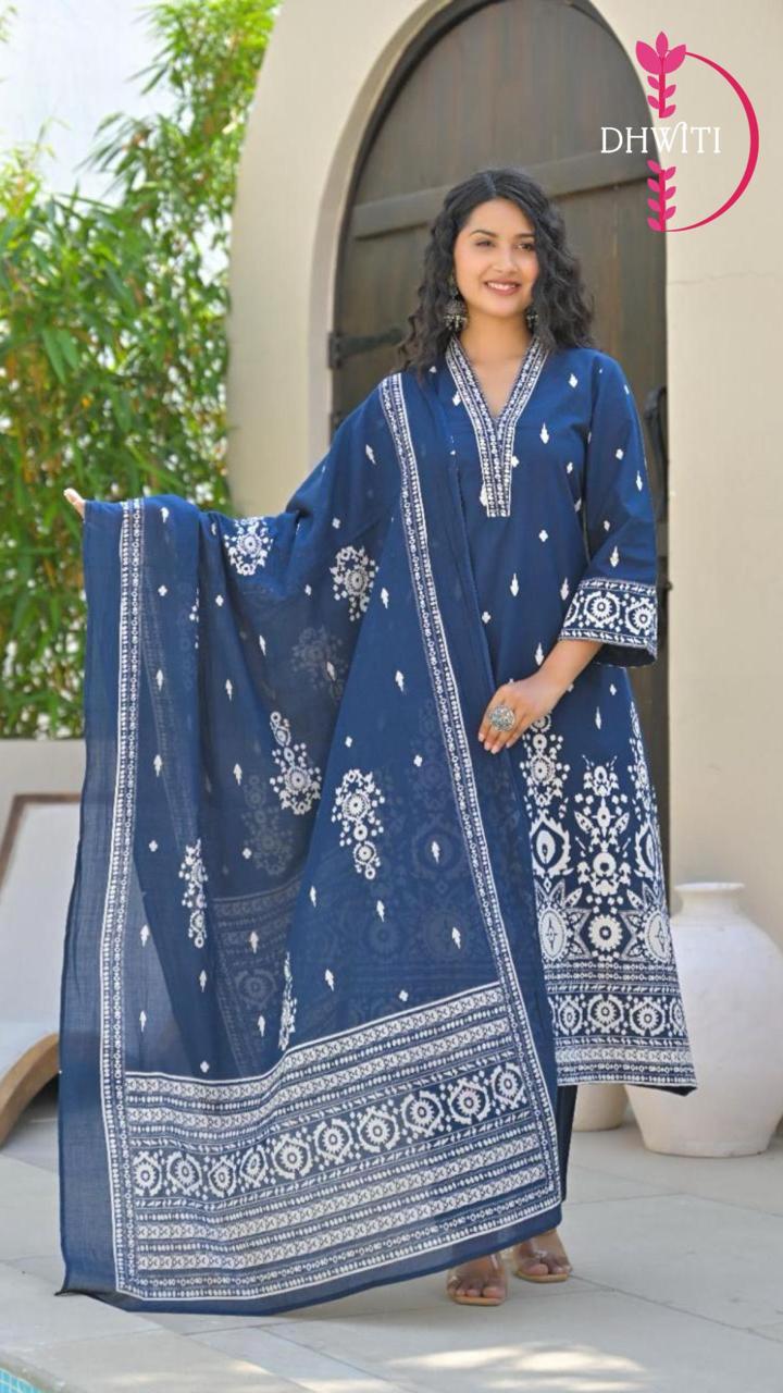 Navy Blue Mul Cotton Airline Kurtha With Block Print