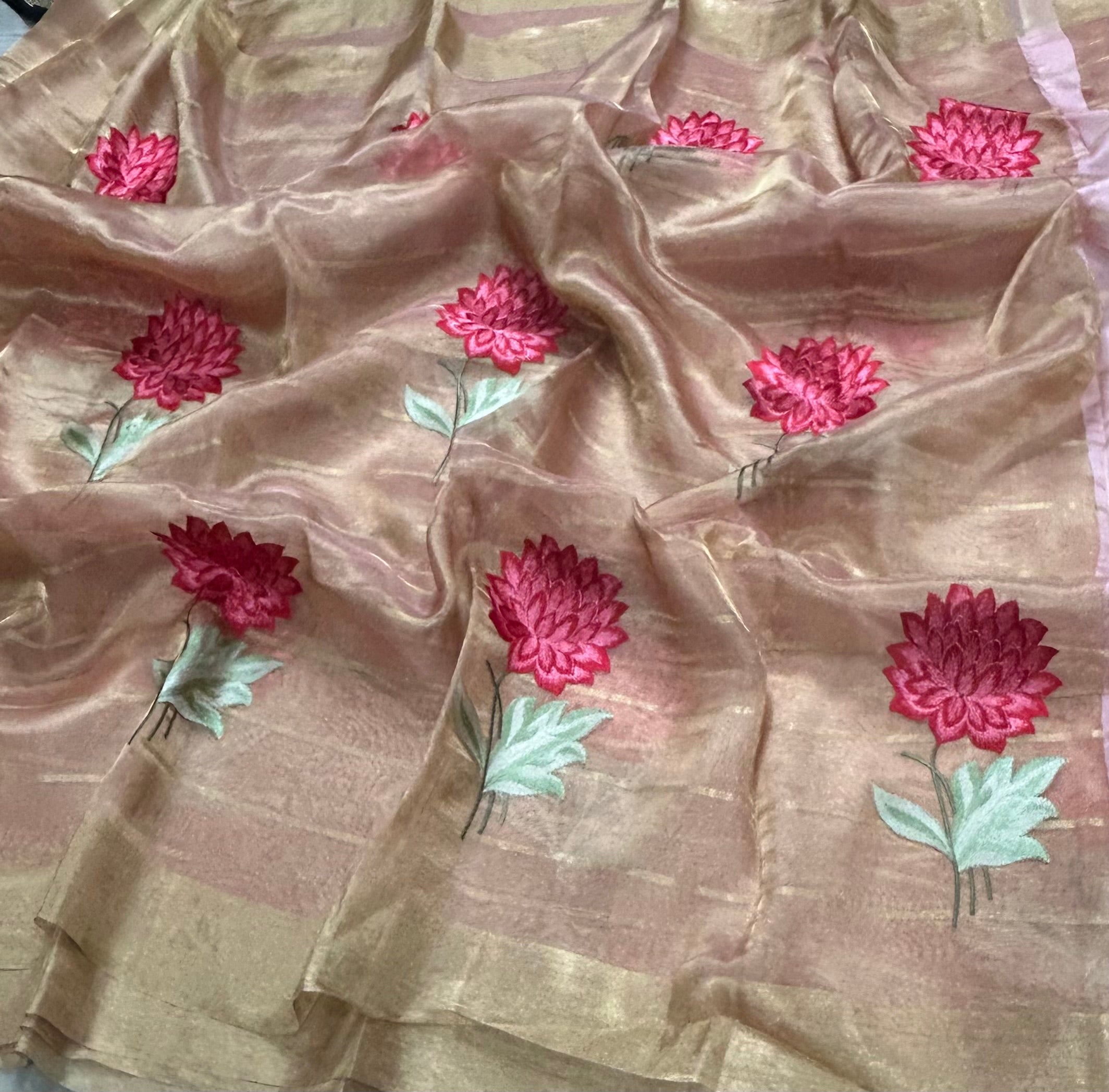 Light pink floral embroidery work pure tissue organza 105 saree