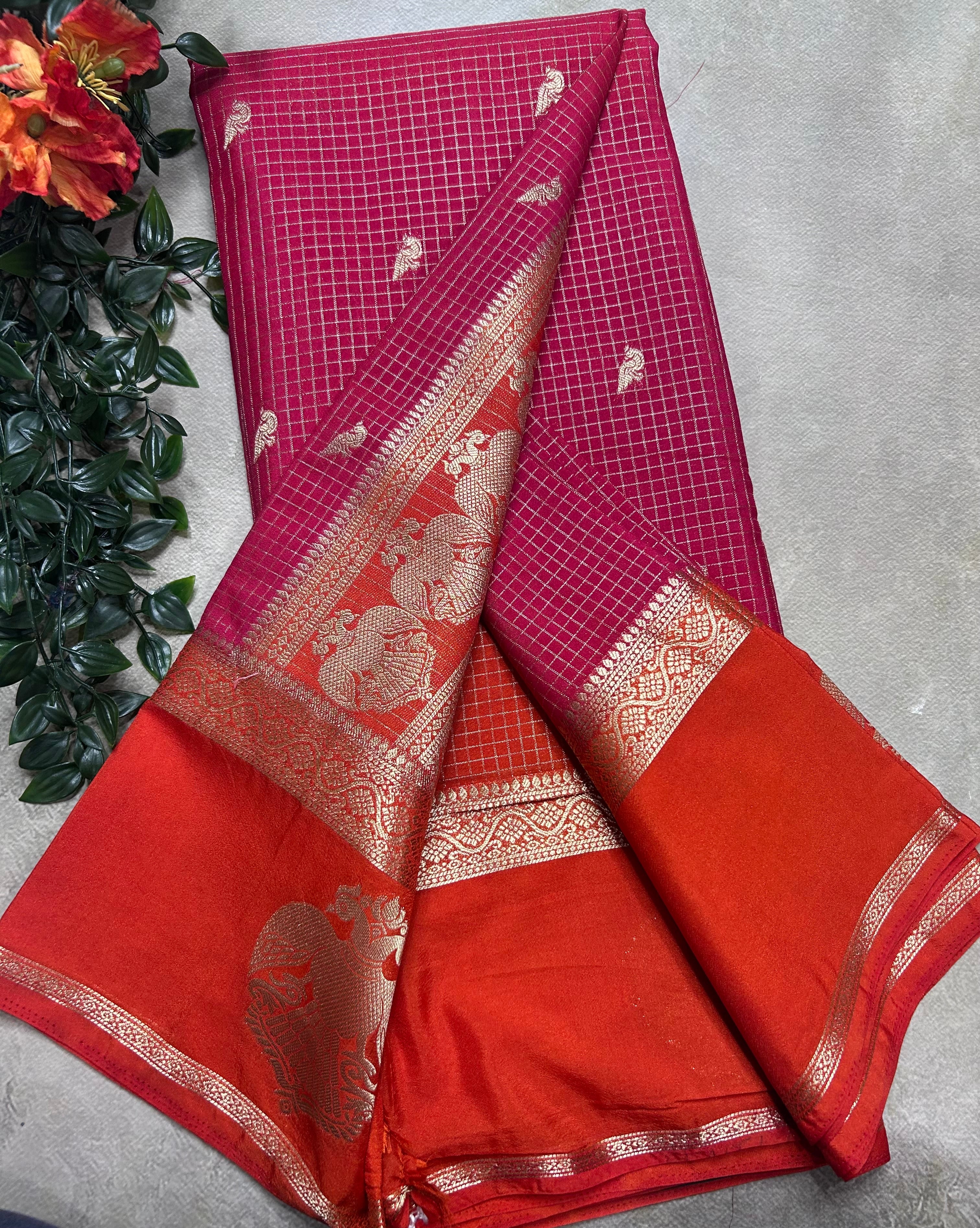 Pink gandaberunda border semi Mysore crepe 106 saree