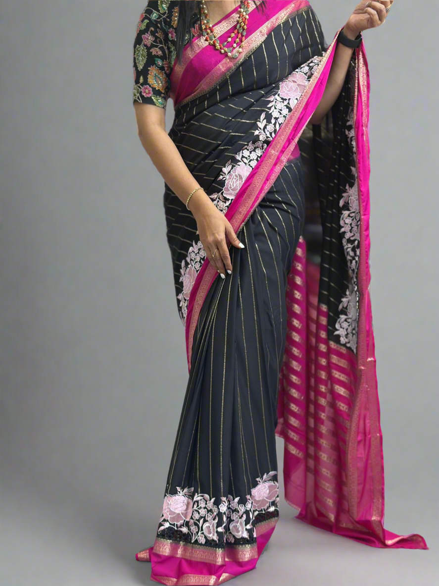 Black n pink cutwork semi mysore crepe silk saree