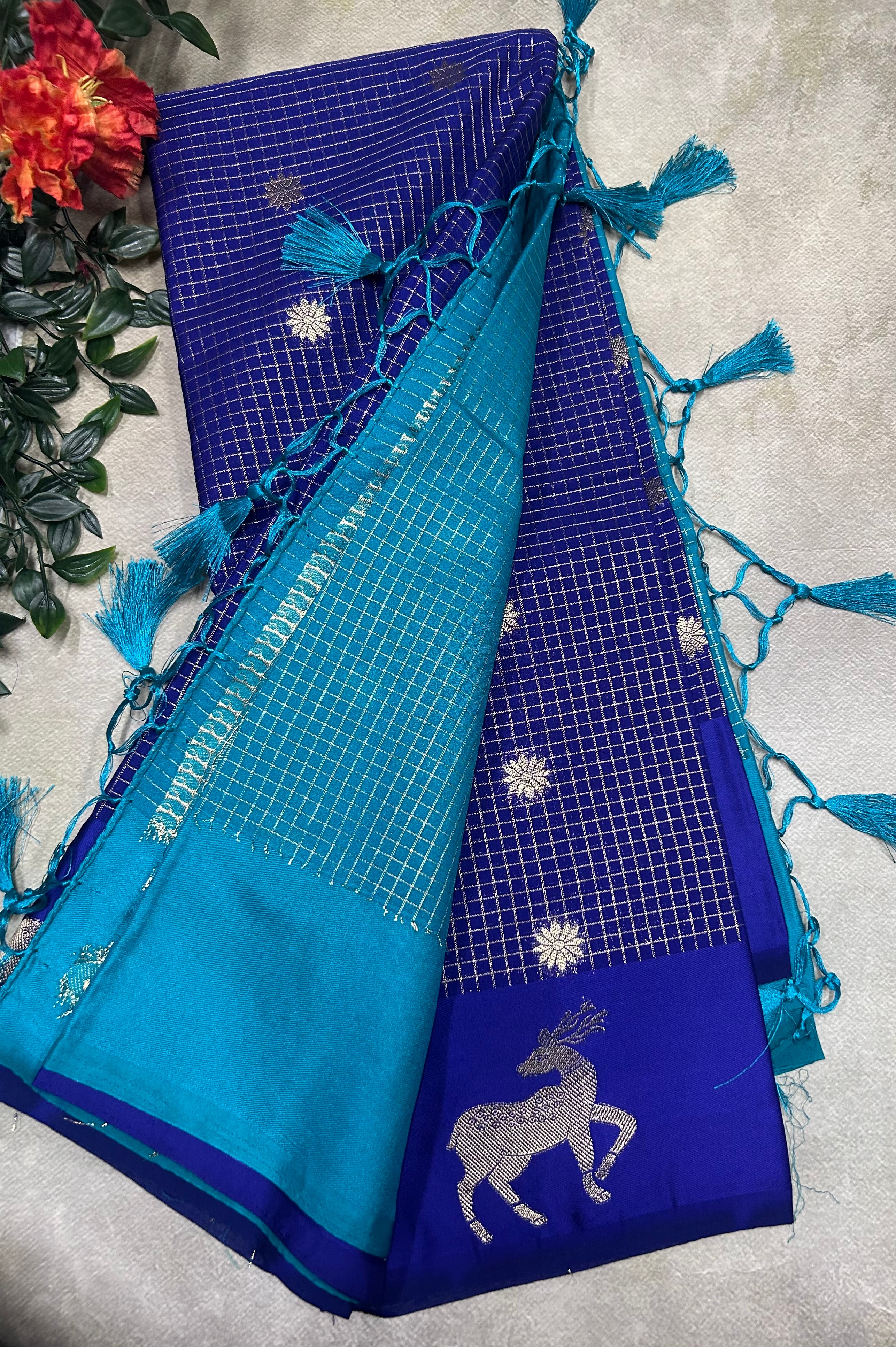 Blue small checks semi Mysore crepe saree(SMC106)