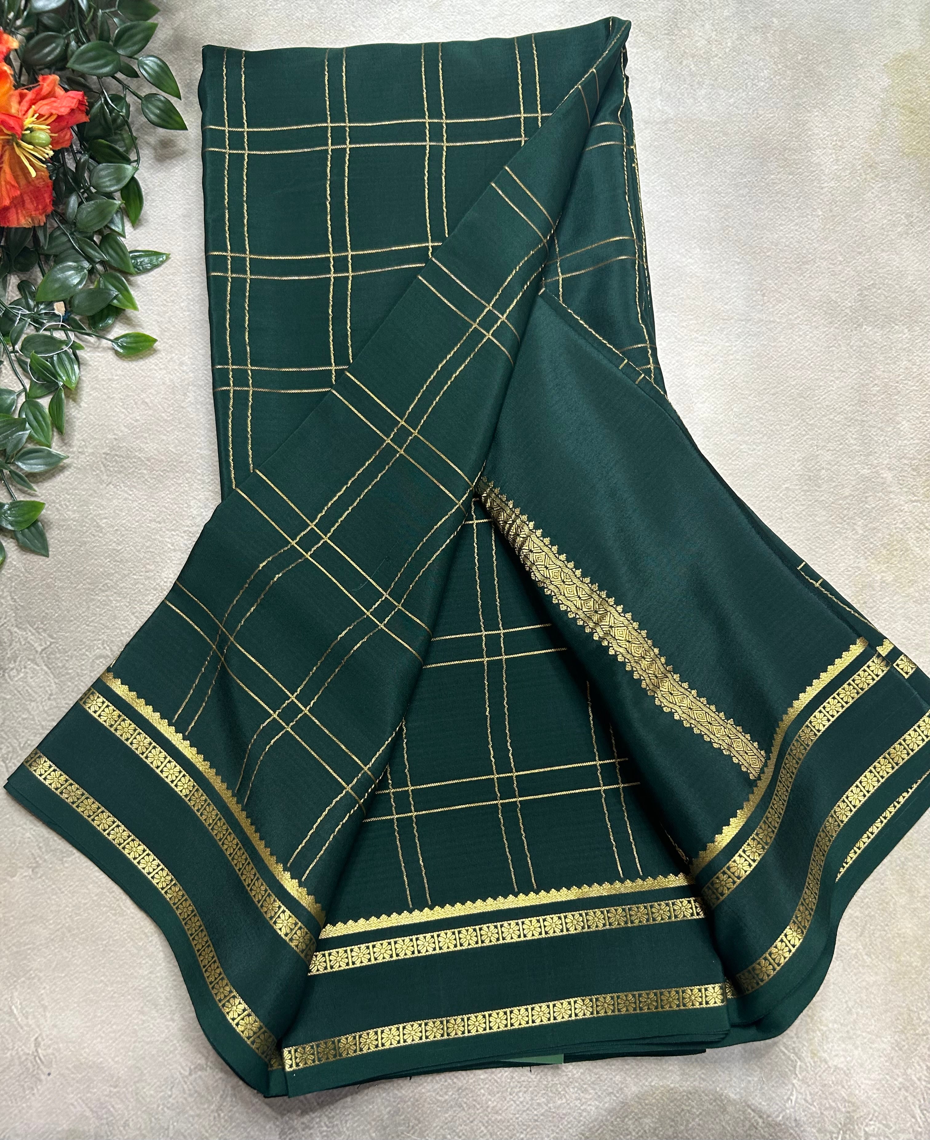 Bottle green big checks n Bentex border pure Mysore silk 106 saree