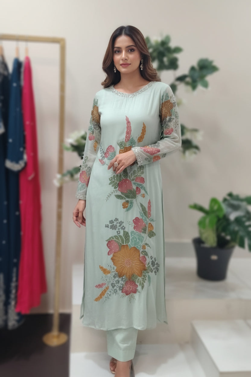 Green Airline Chinnon Hand Embroidery Kurtha 765