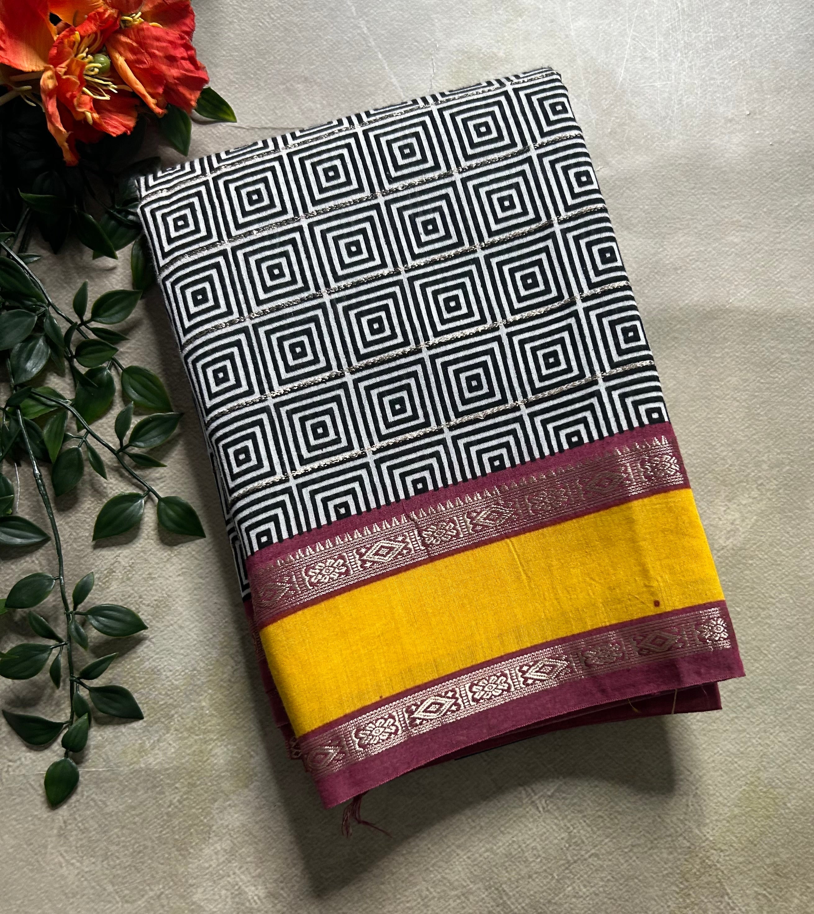 Black n white bentex border pure cotton 103 saree