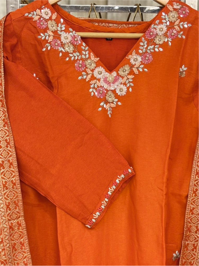 Orange Dola silk Handwork kurtha set