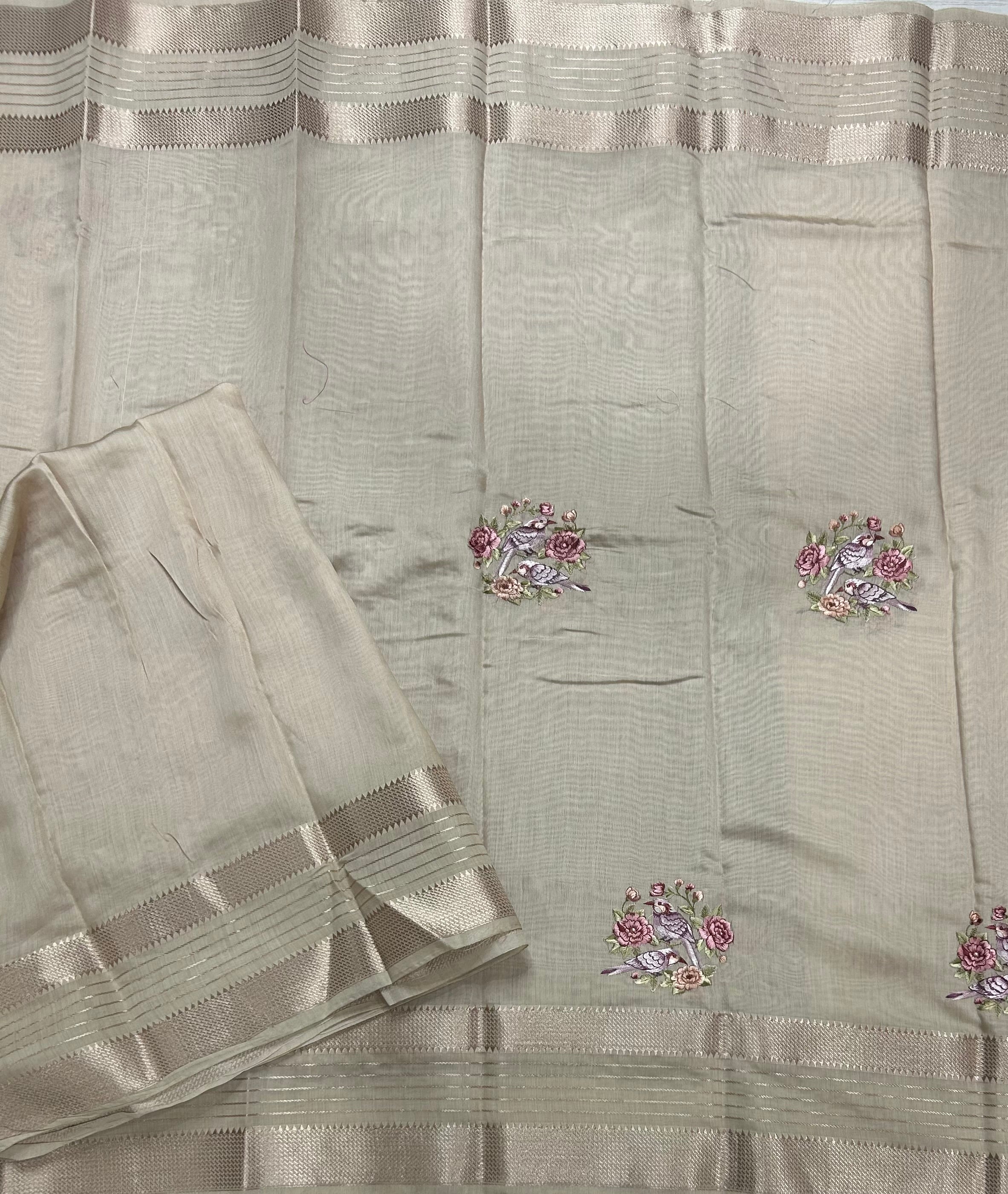 Cream embrodiery bentex stripes soft tussar crepe 104 saree