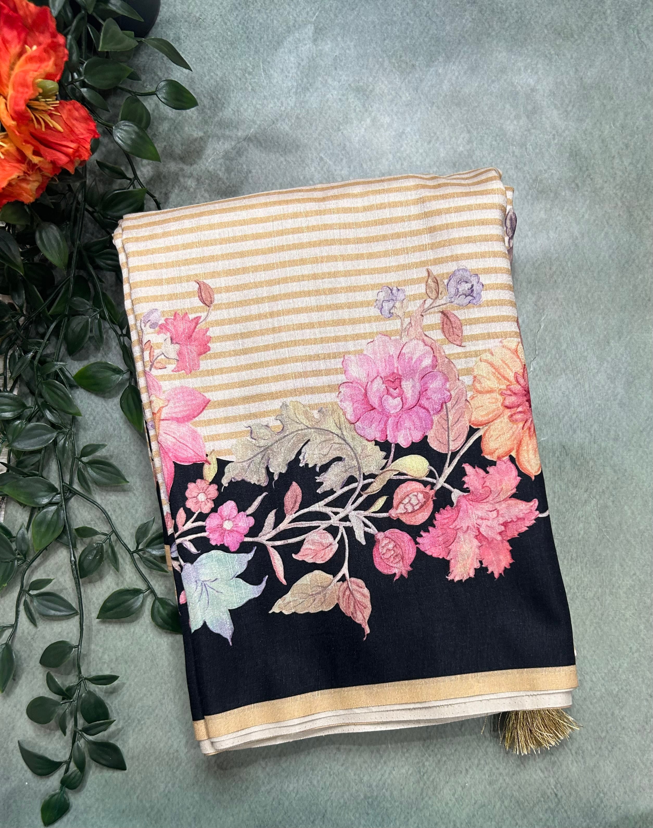 Yellow stripes soft Tussar crepe 104 saree