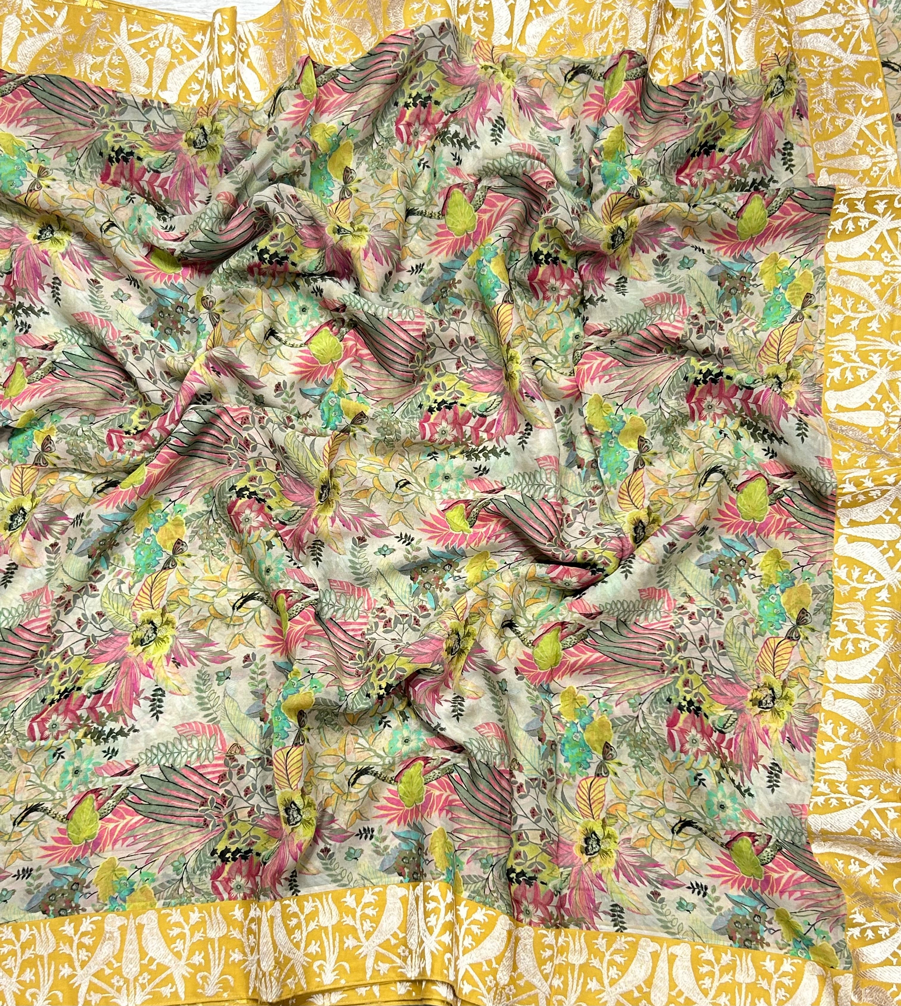 Cream n yellow digital printed border 104 chinnon saree