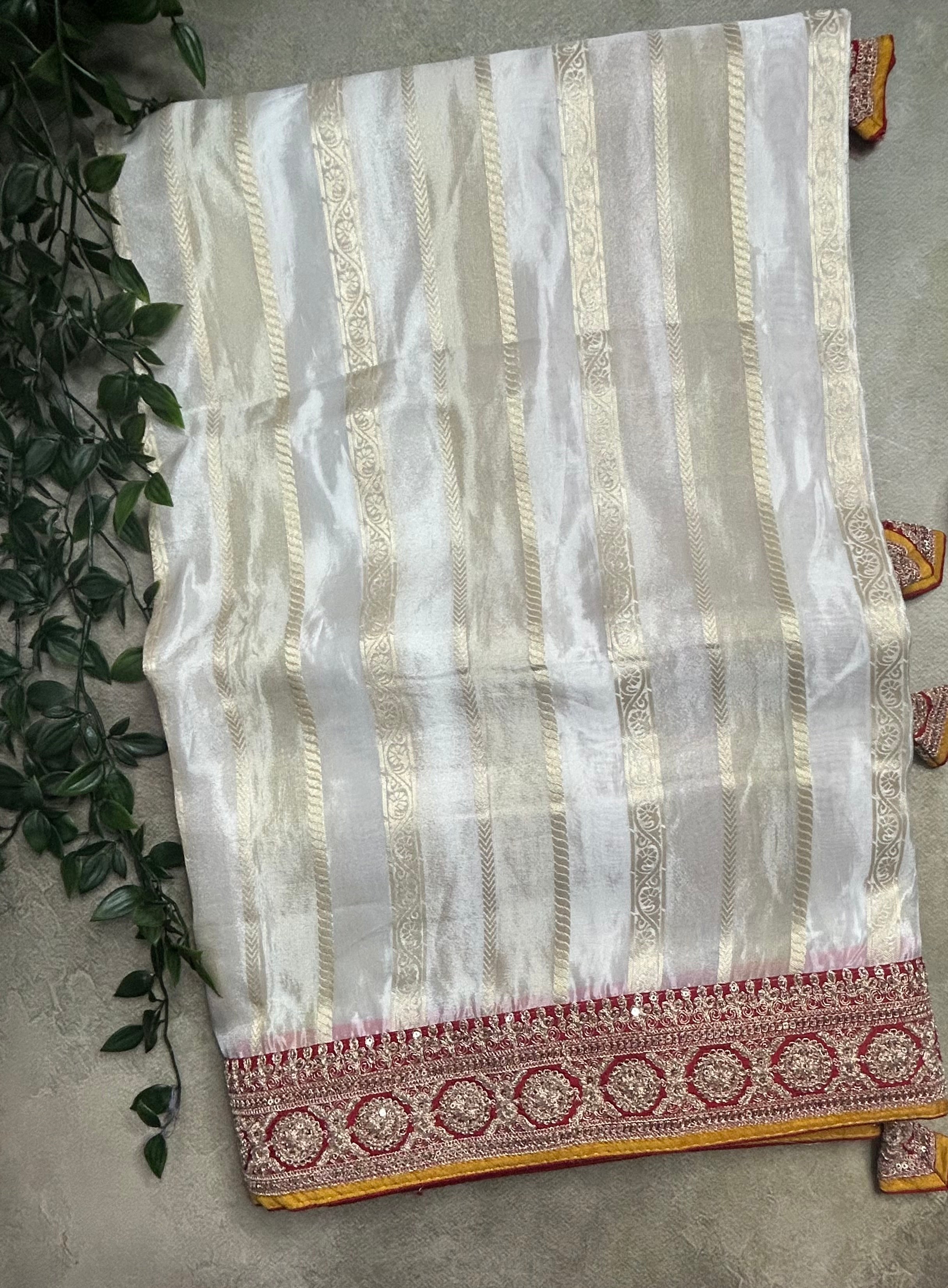 Cream stripes party wear small border saree