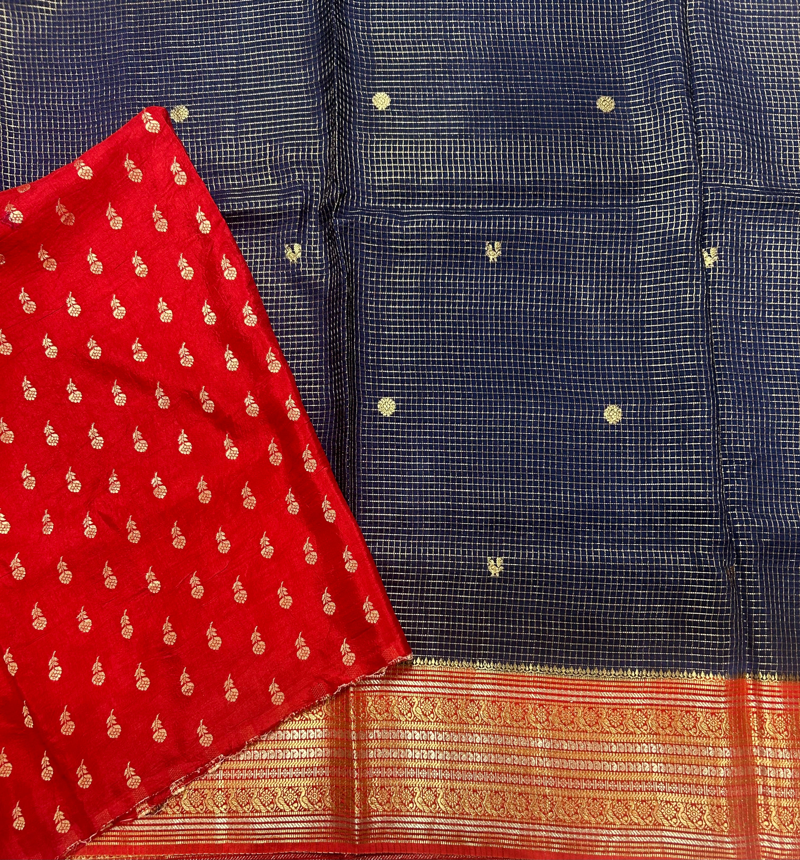 Navy blue small checks contrast semi Mysore crepe 105 saree