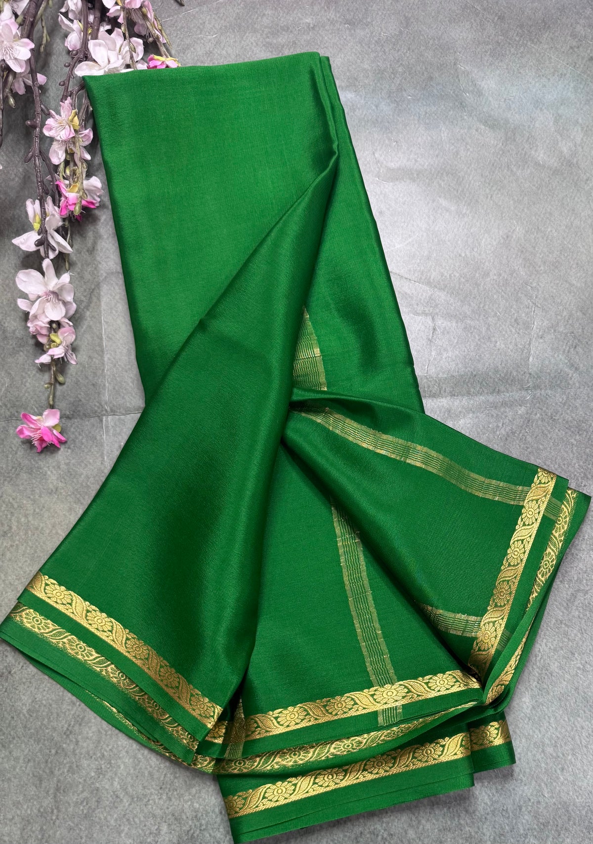 Green one inch border pure Mysore silk saree