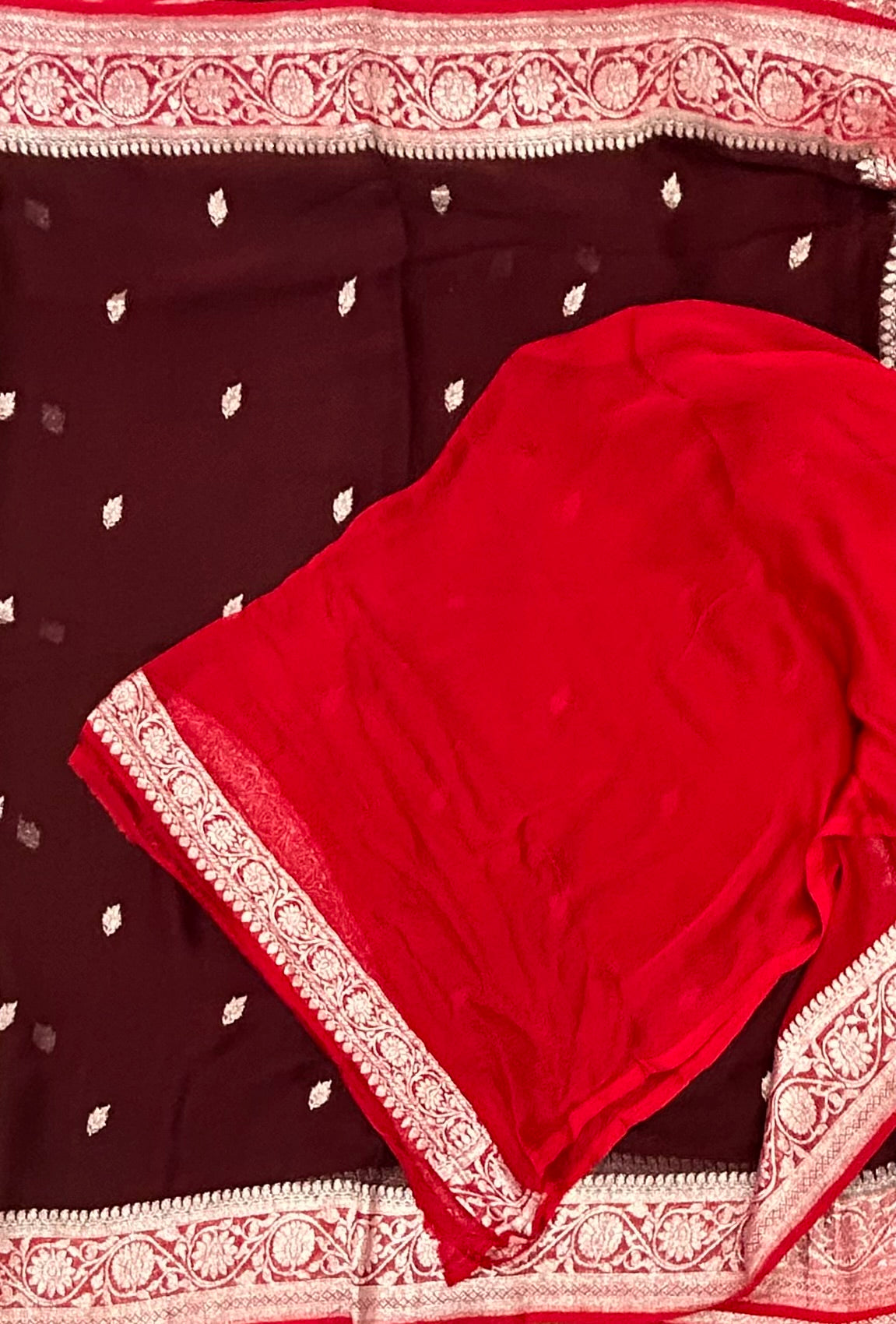 Brown n red benaras pure khadi chiffon