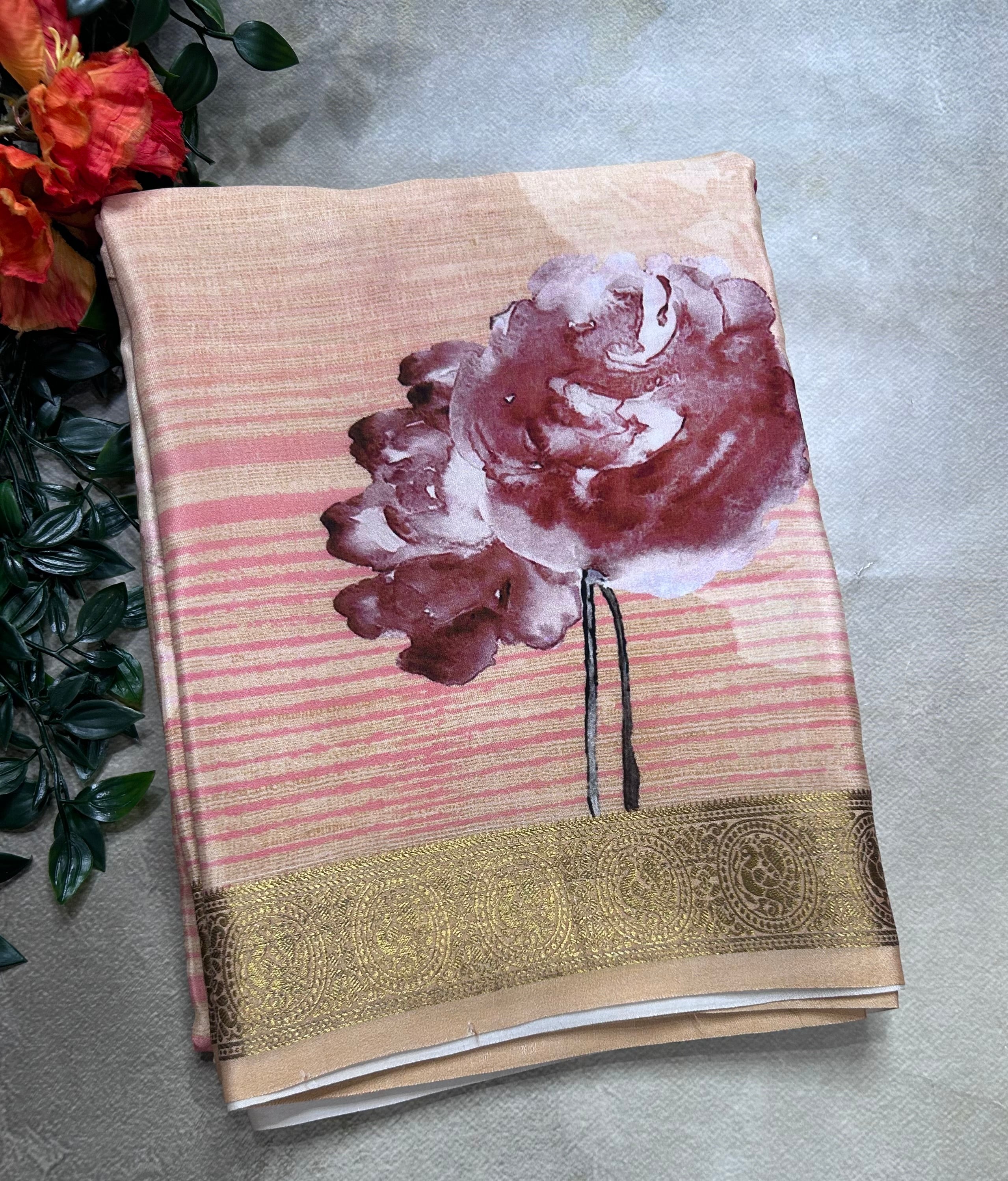 Peach digital print pure mysore silk saree(DMS106)