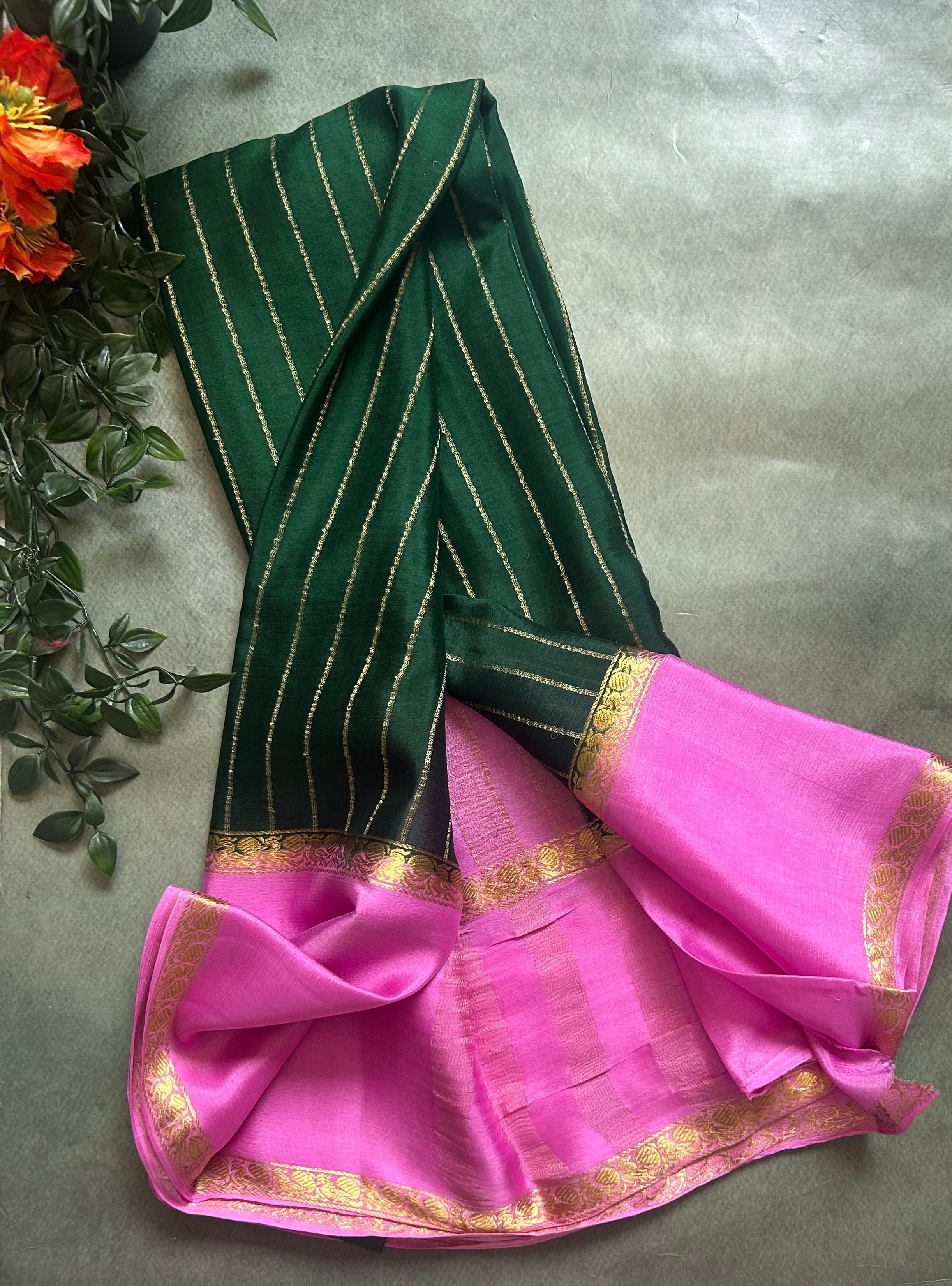 Bottle green n pink pure wrinkle 103 crepe silk saree