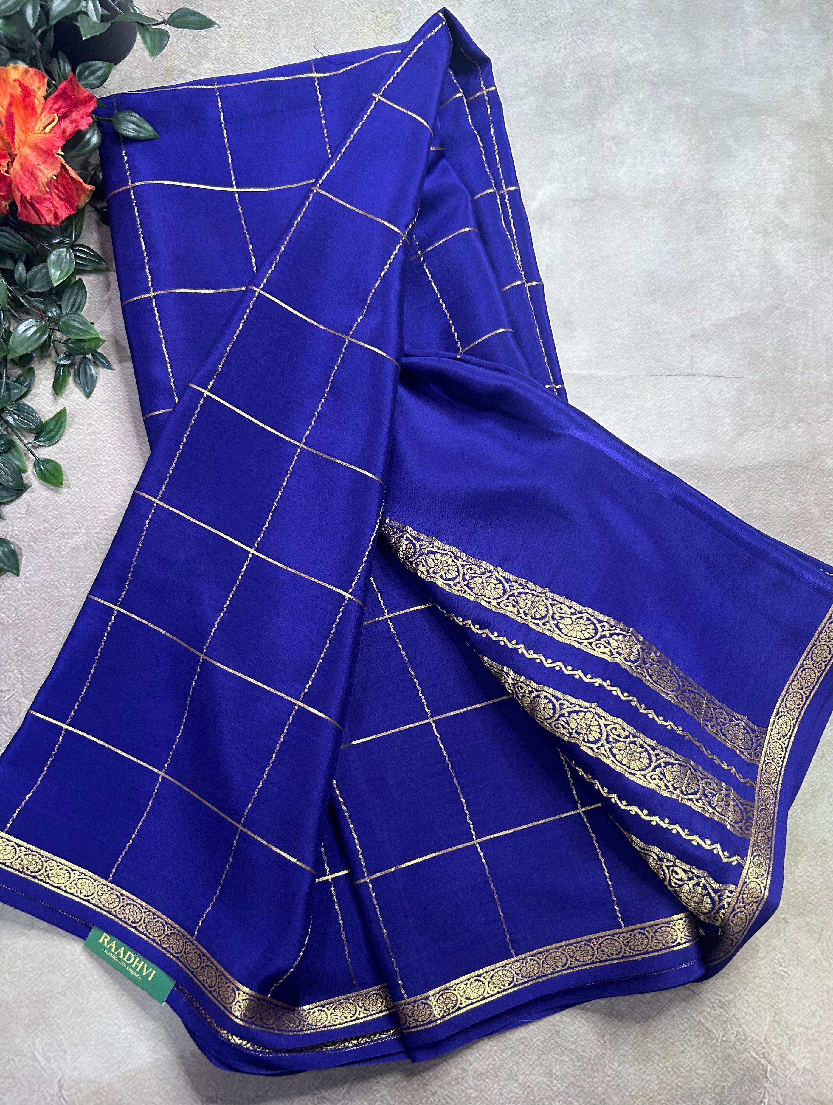 Navy blue big checks pure Mysore silk 106 saree