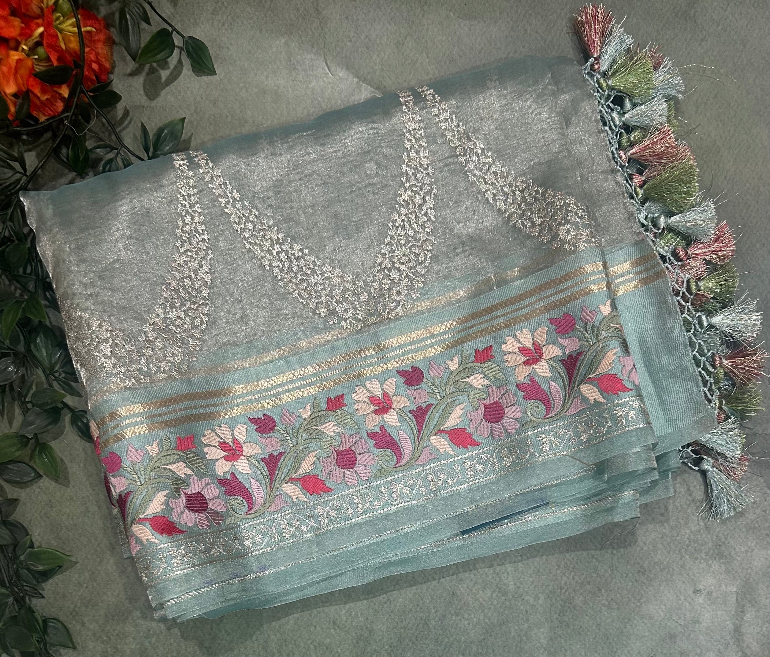 Aqua blue embrodiery pure organza tissue 103 saree