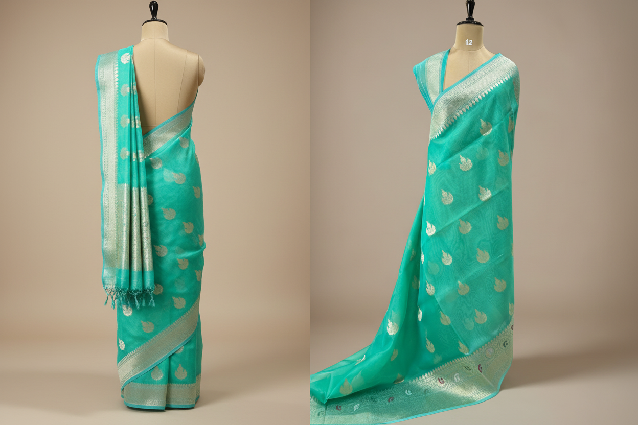 Aqua green pure kora organza handloom  saree