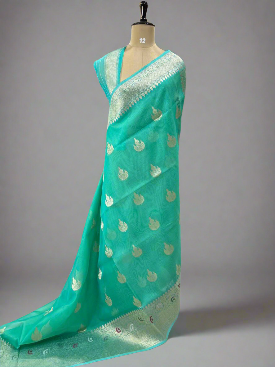 Aqua green pure banaras kora organza saree