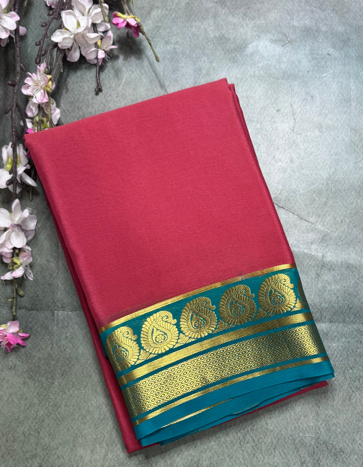 Light red long border pure Mysore silk saree