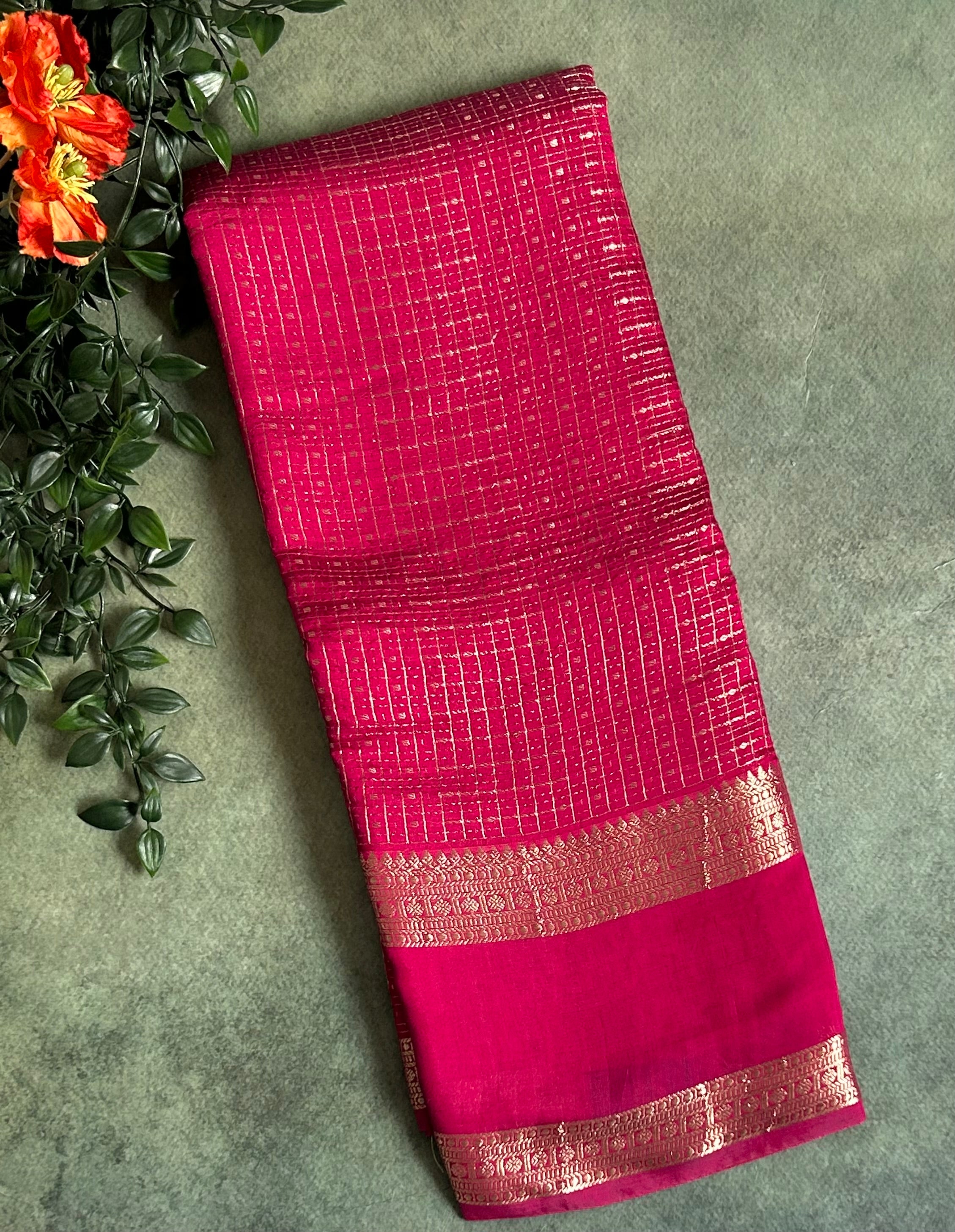 Rani pink small checks soft Tussar 03 crepe saree