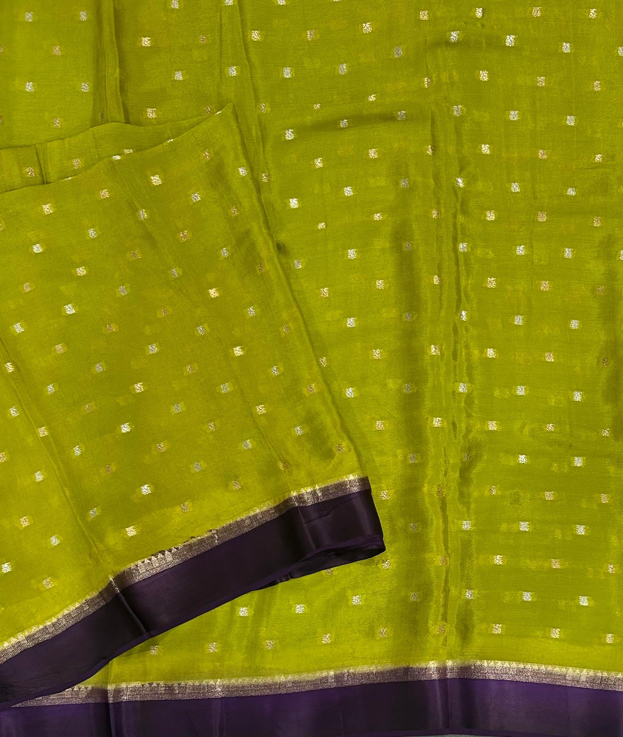 Neon green satin border chinnon 104 saree