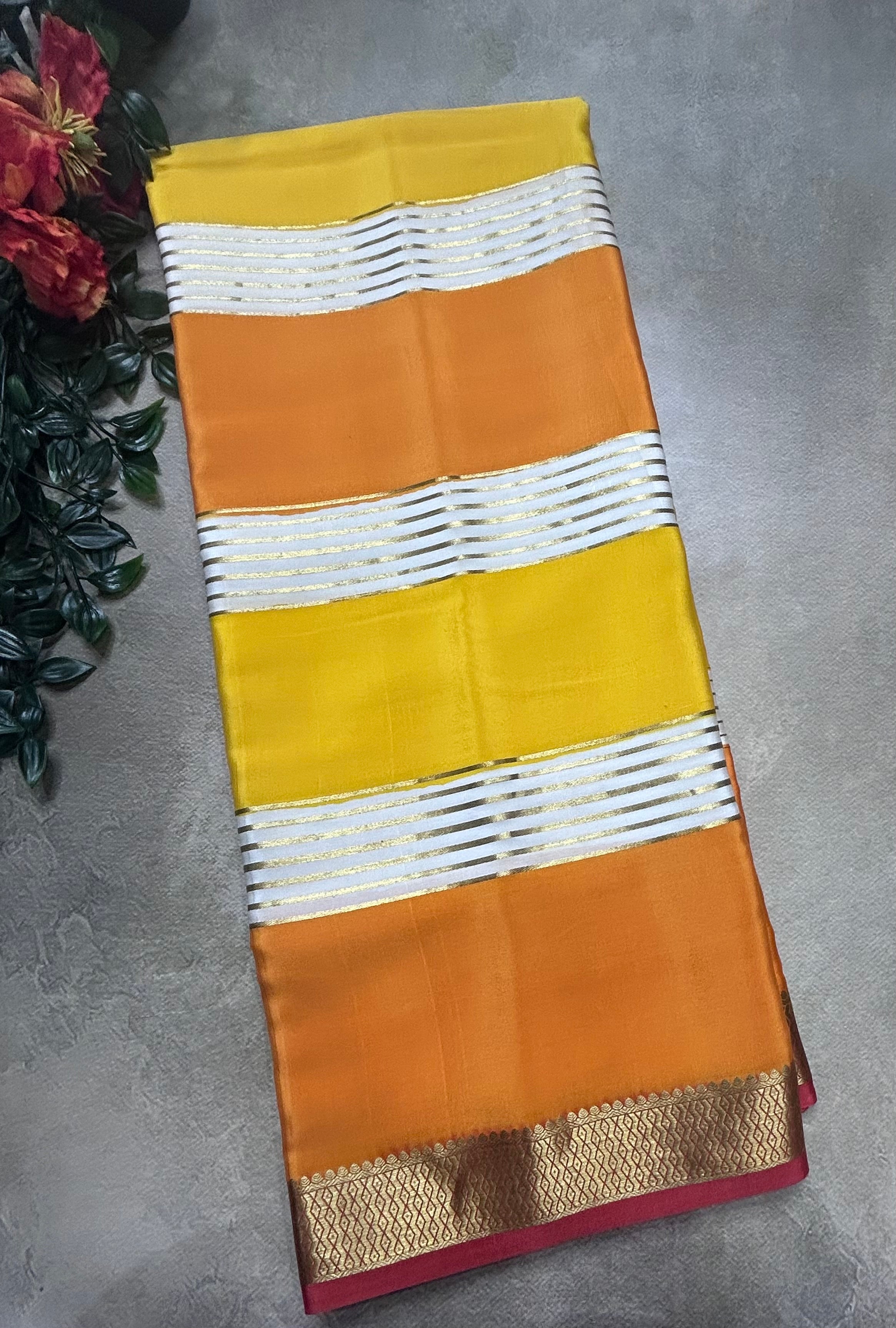 Yellow stripes small border pure mysore silk saree(YMS106)