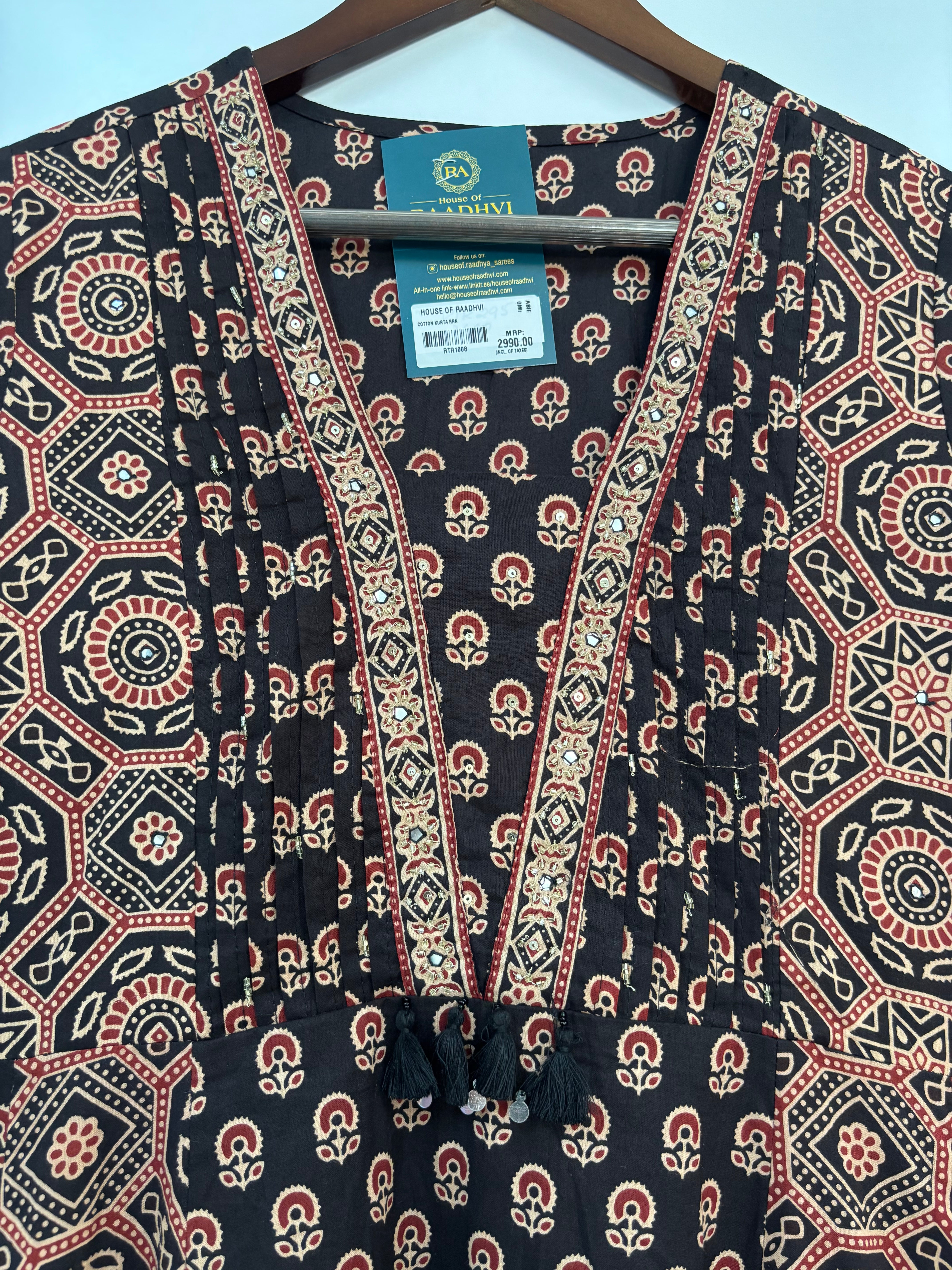 Black Cotton Anarkali Block Print Kurtha 252