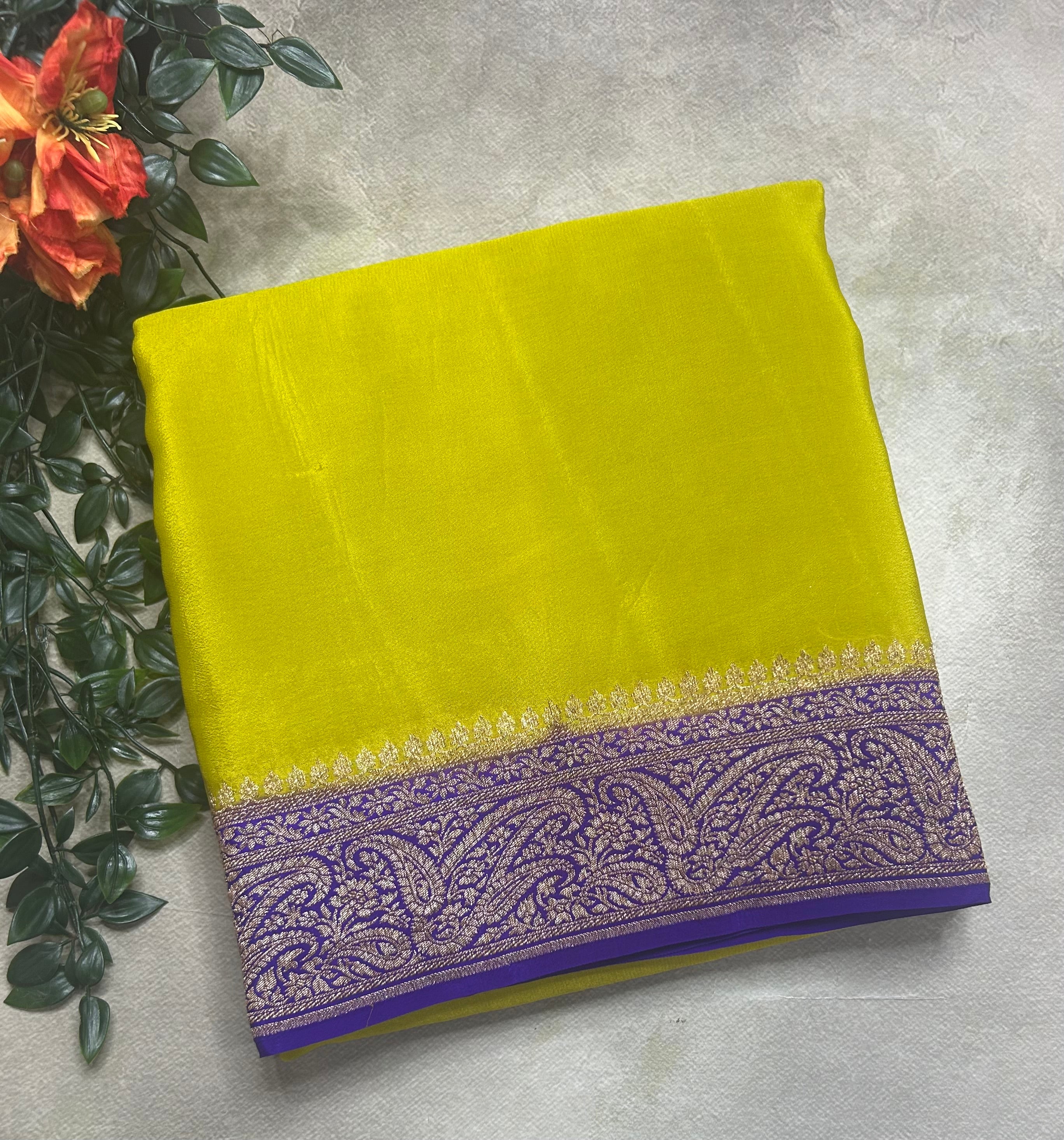 Neon green n purple pure Benarasi crepe 105 saree