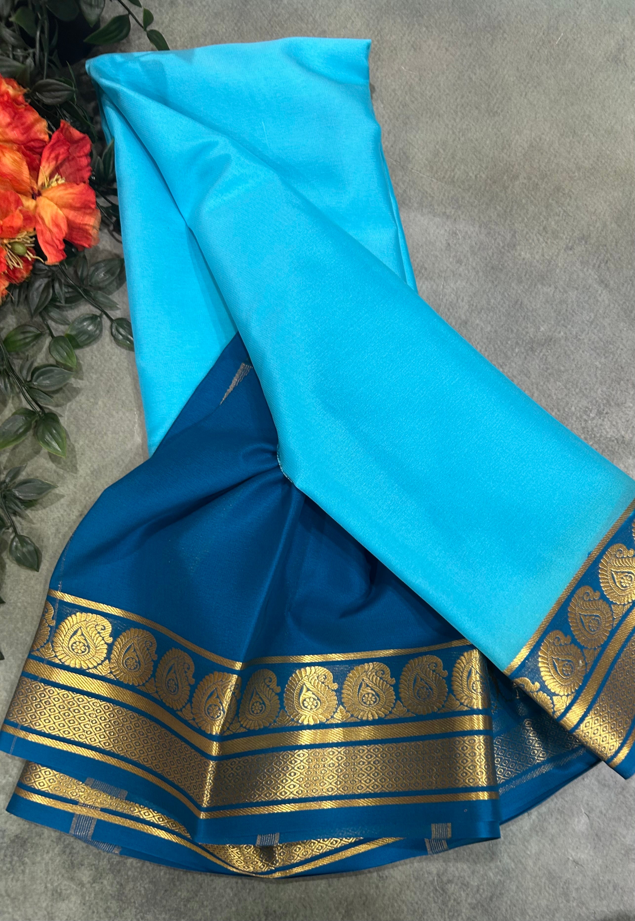 Sky blue pure Mysore crepe silk saree