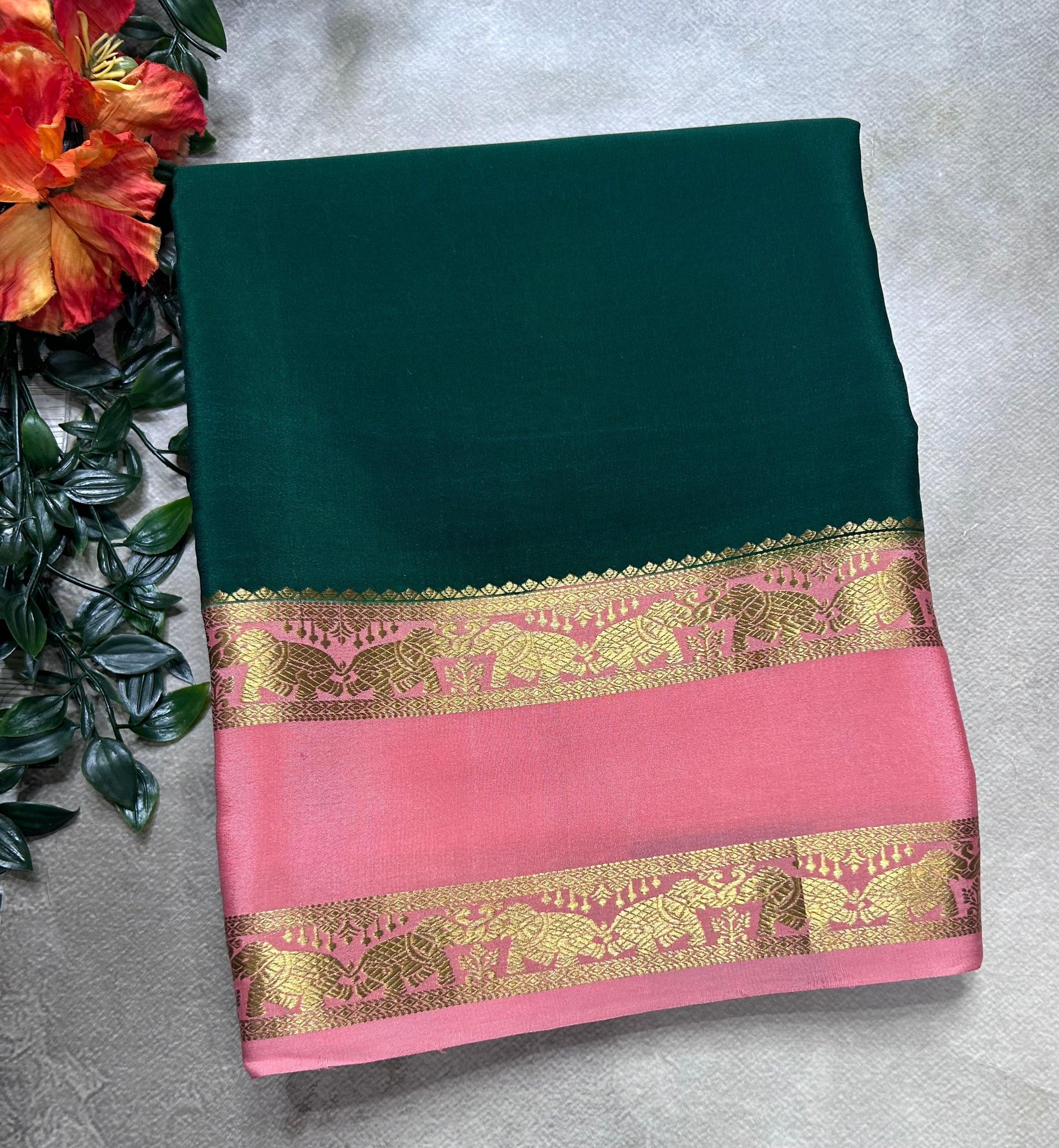 Bottle green bentex border pure mysore silk saree(MSC106)