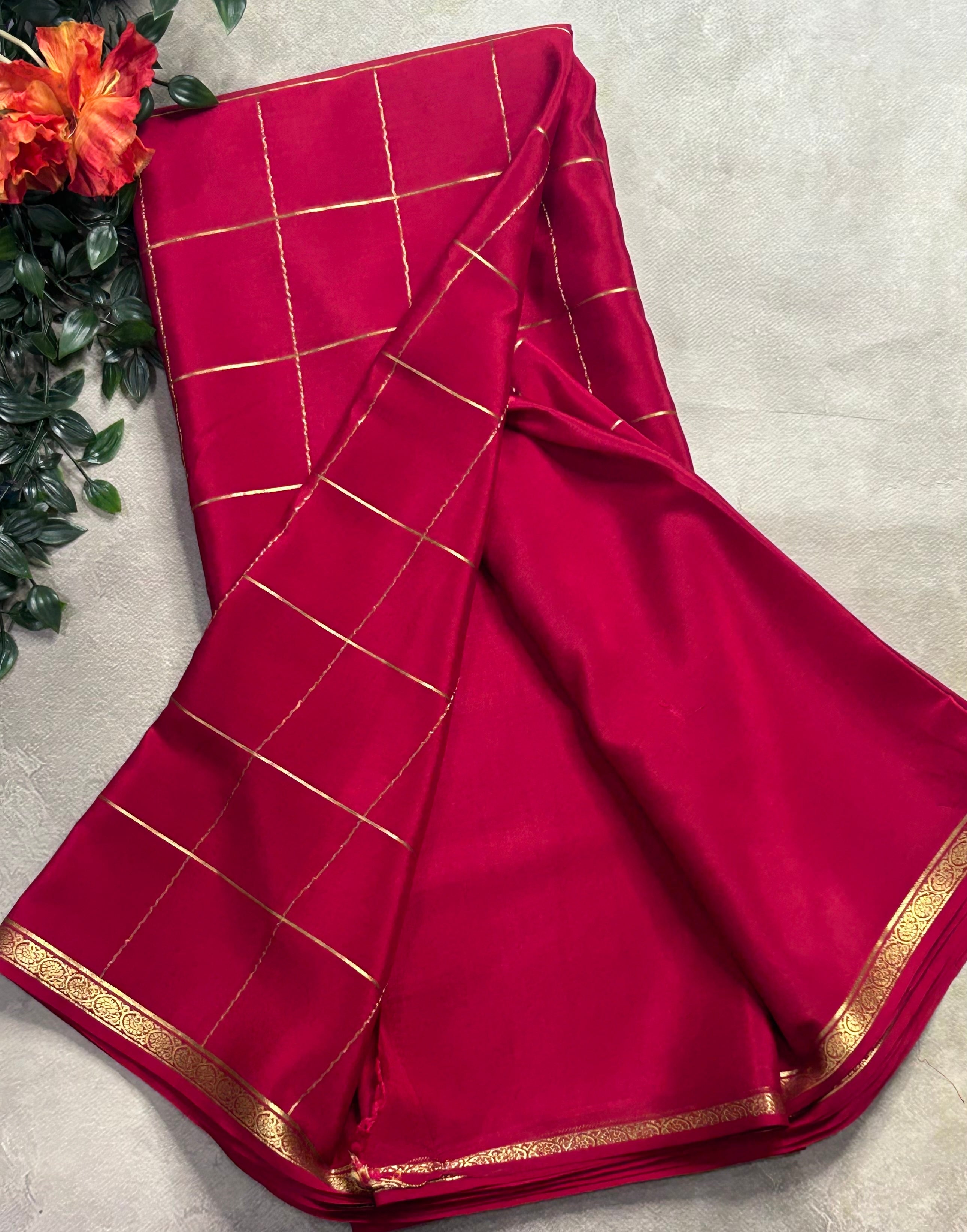 Red big checks pure Mysore silk 106 saree