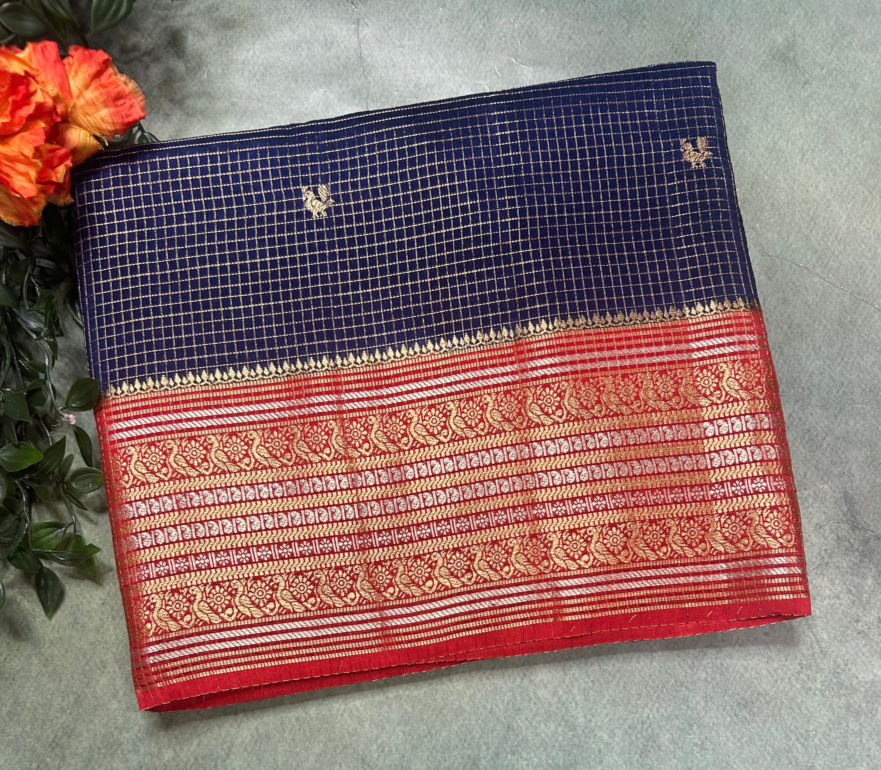 Navy blue small checks contrast semi Mysore crepe 105 saree