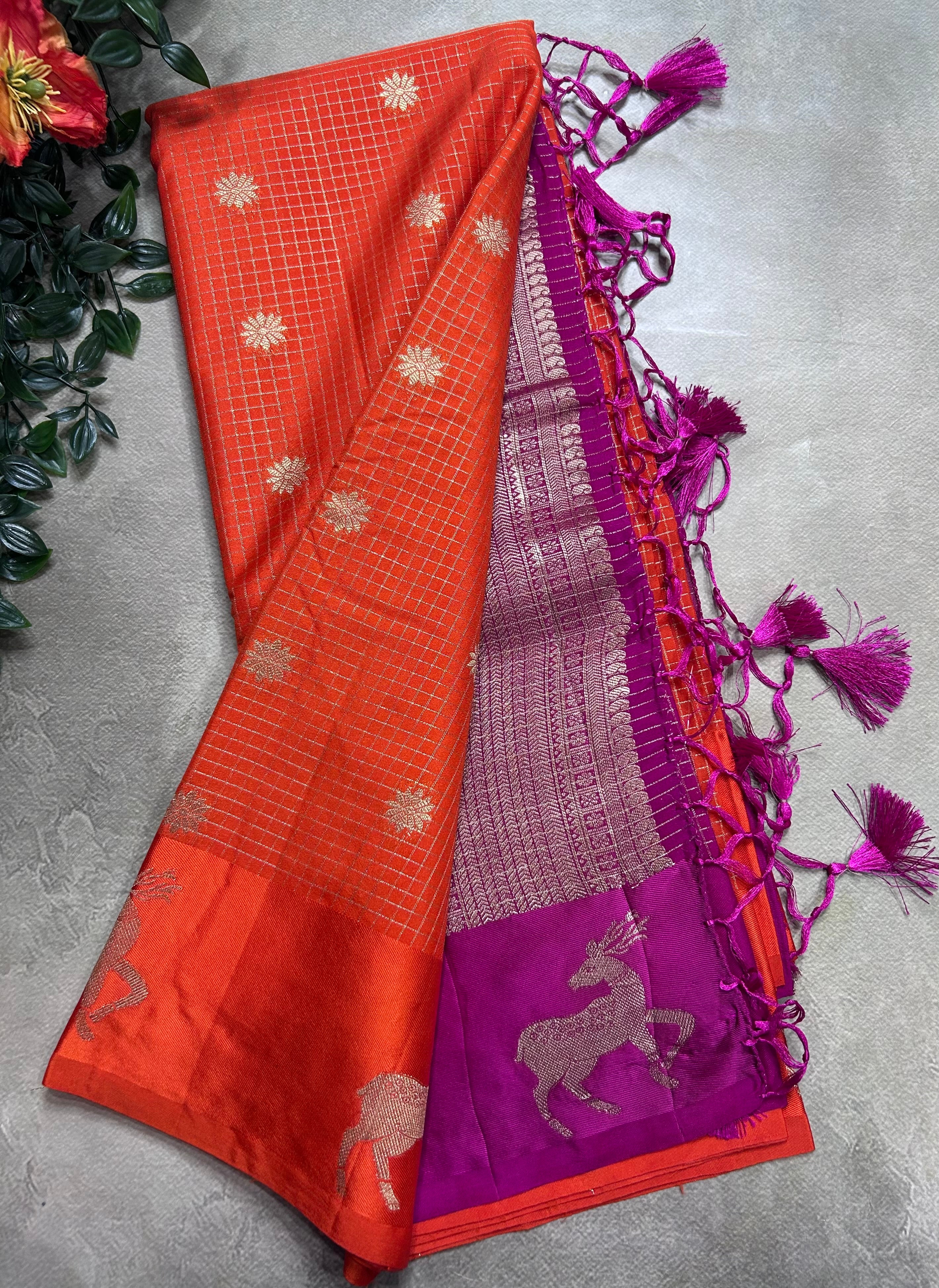 Orange small checks semi Mysore crepe 106 saree