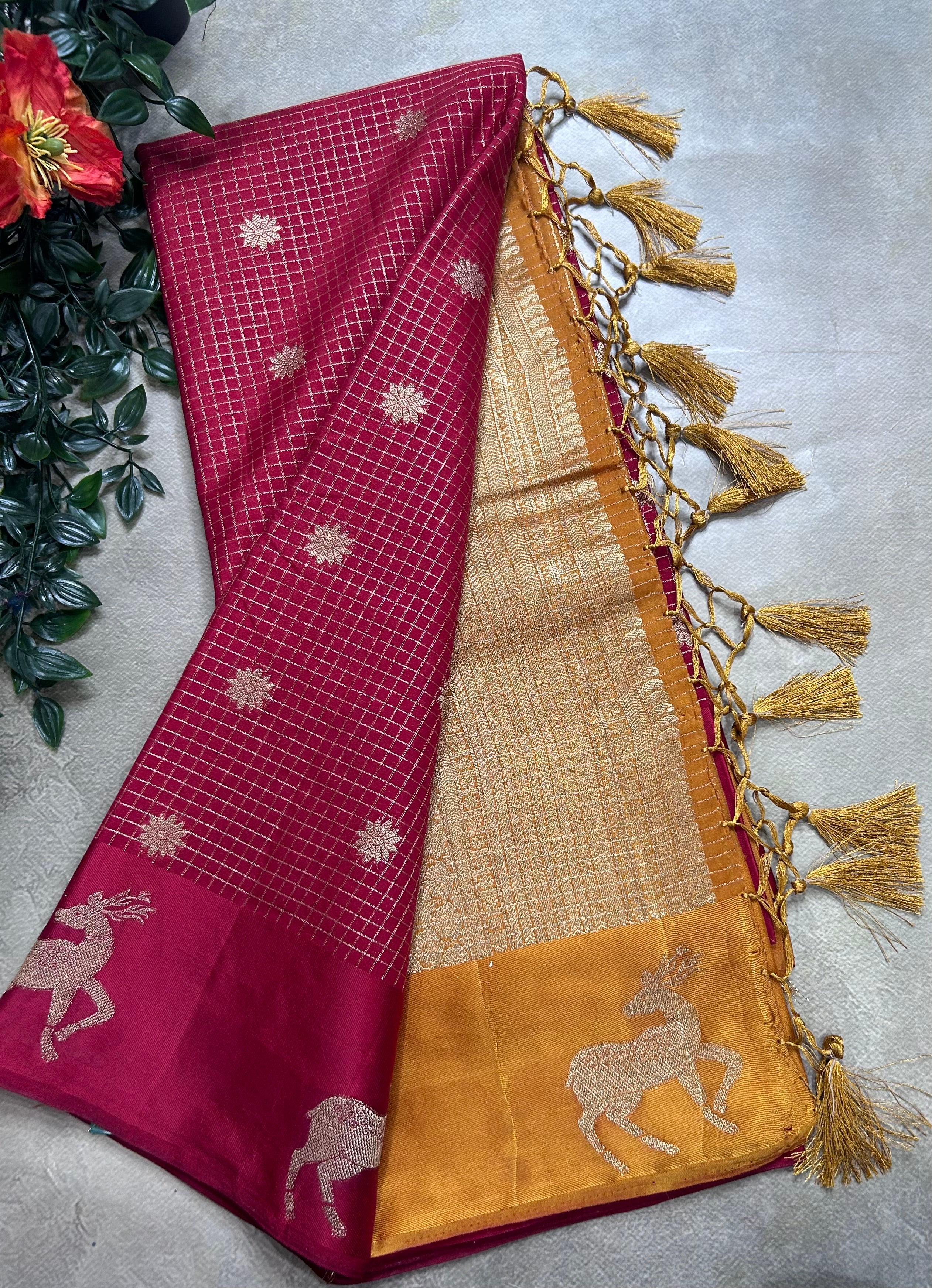 Red small checks semi Mysore crepe 106 saree