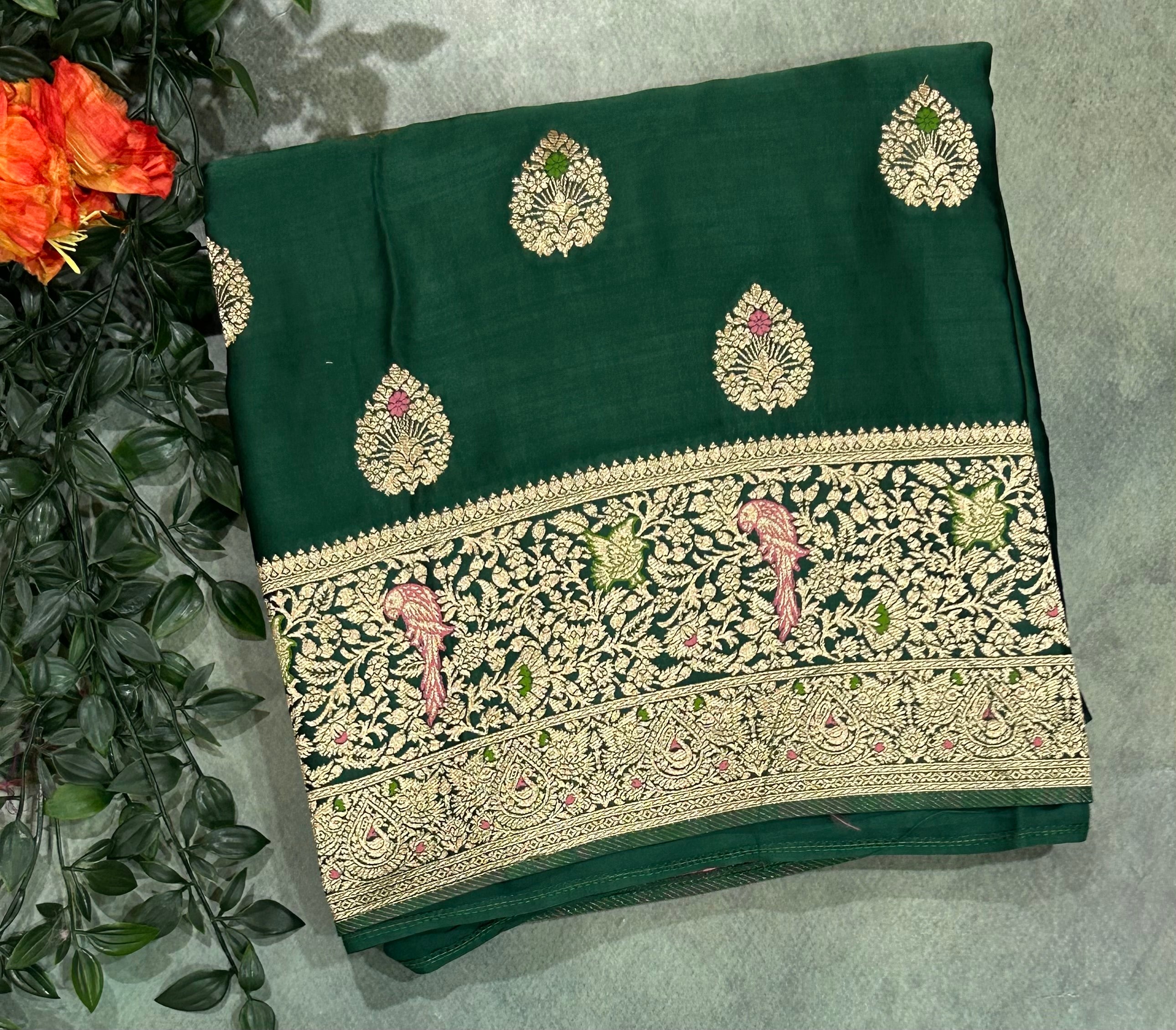 Bottle green Meena satin Benarasi 103 saree