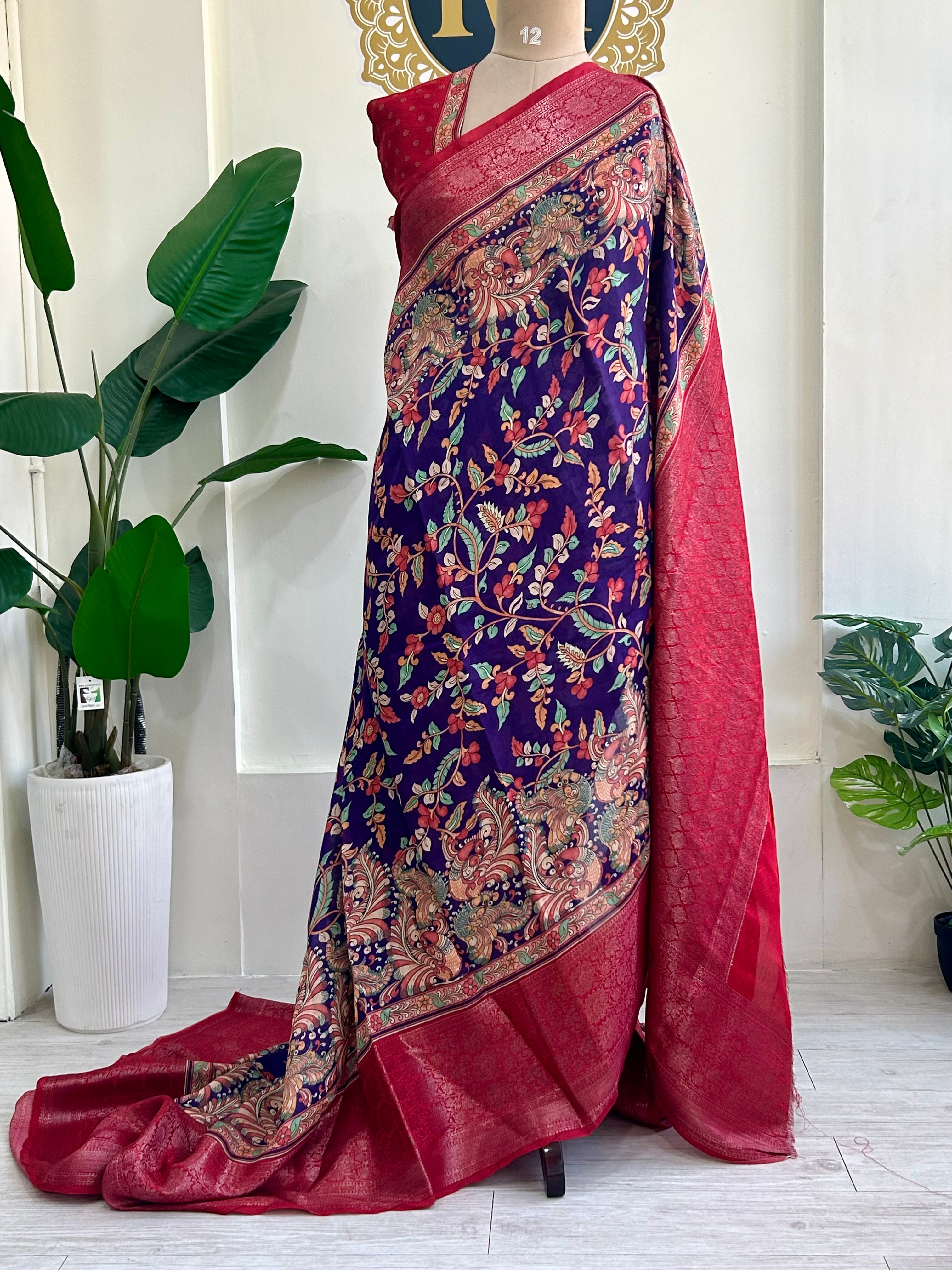 Purple n red bb kalamkari Chanderi saree