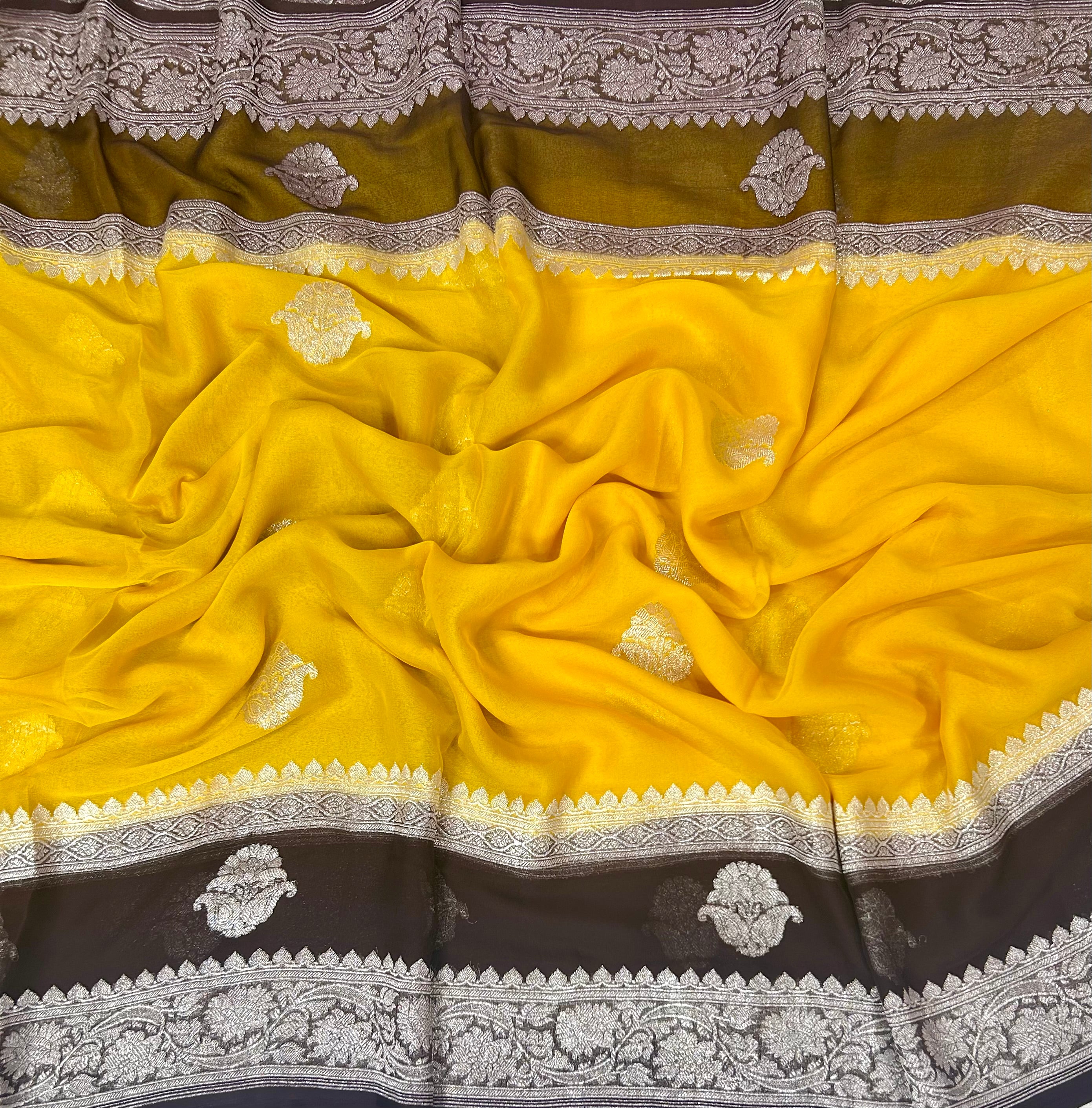 Bright yellow n dark brown benarasi double border pure chiffon saree