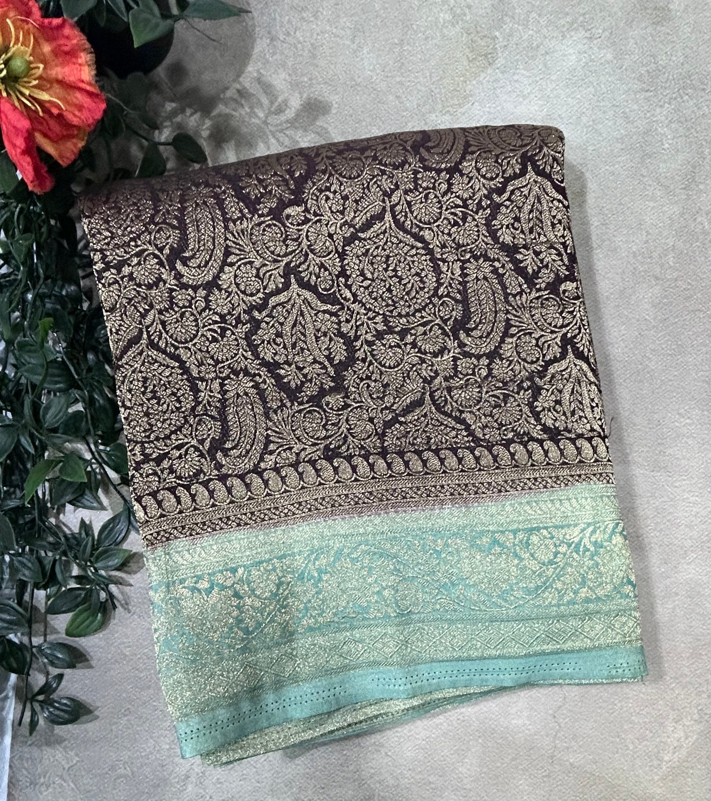 Dark brown brocade semi georgette 105 saree