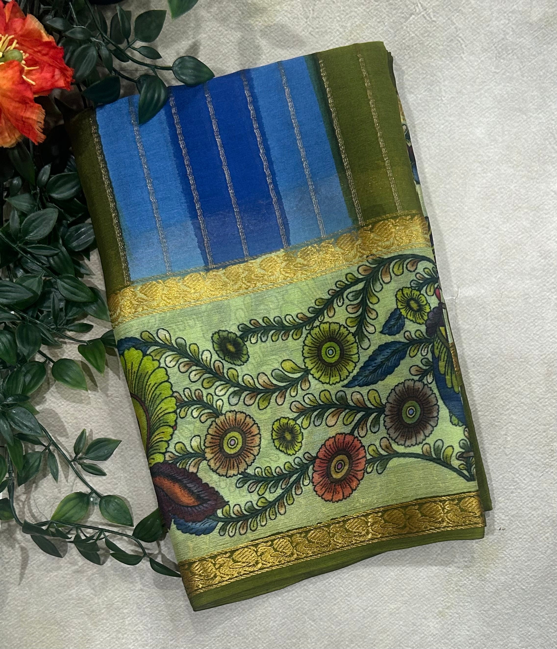 Rankart kalamkari border pure wrinkle 103 crepe silk saree