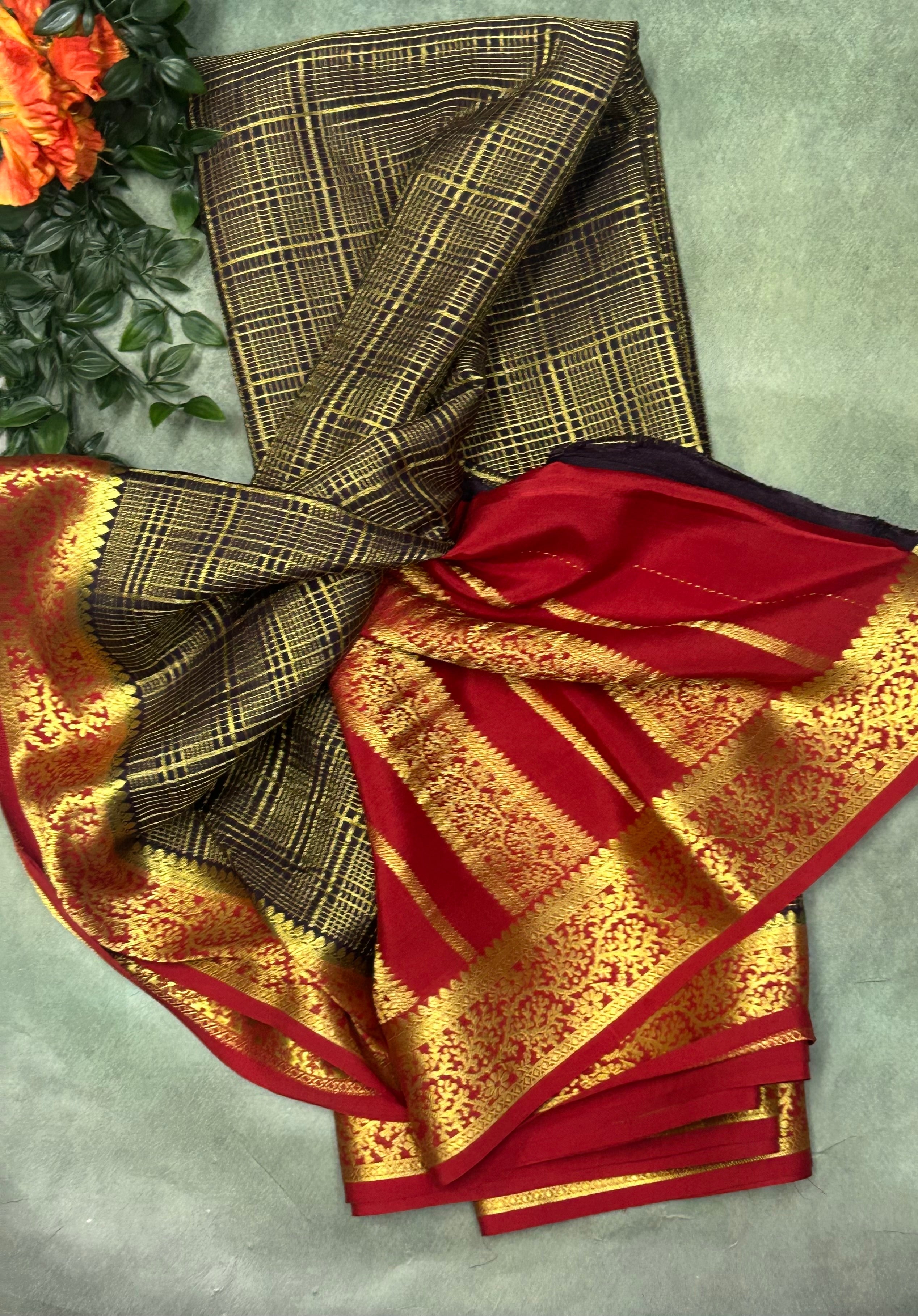 Navy blue n red checks brocade Pure Mysore silk crepe 103 Saree