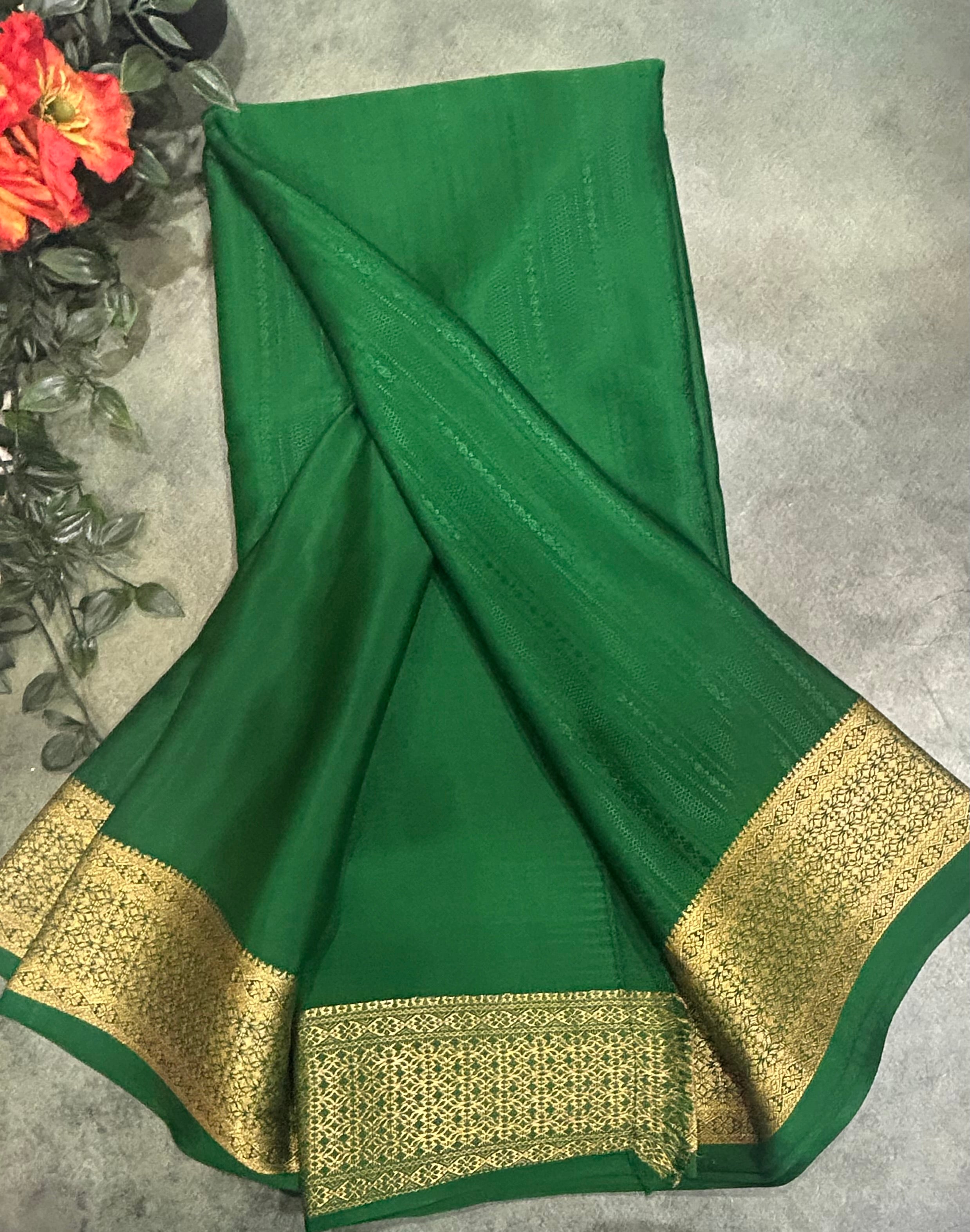 Bottle green long border embossed pure Mysore silk EMS105 saree
