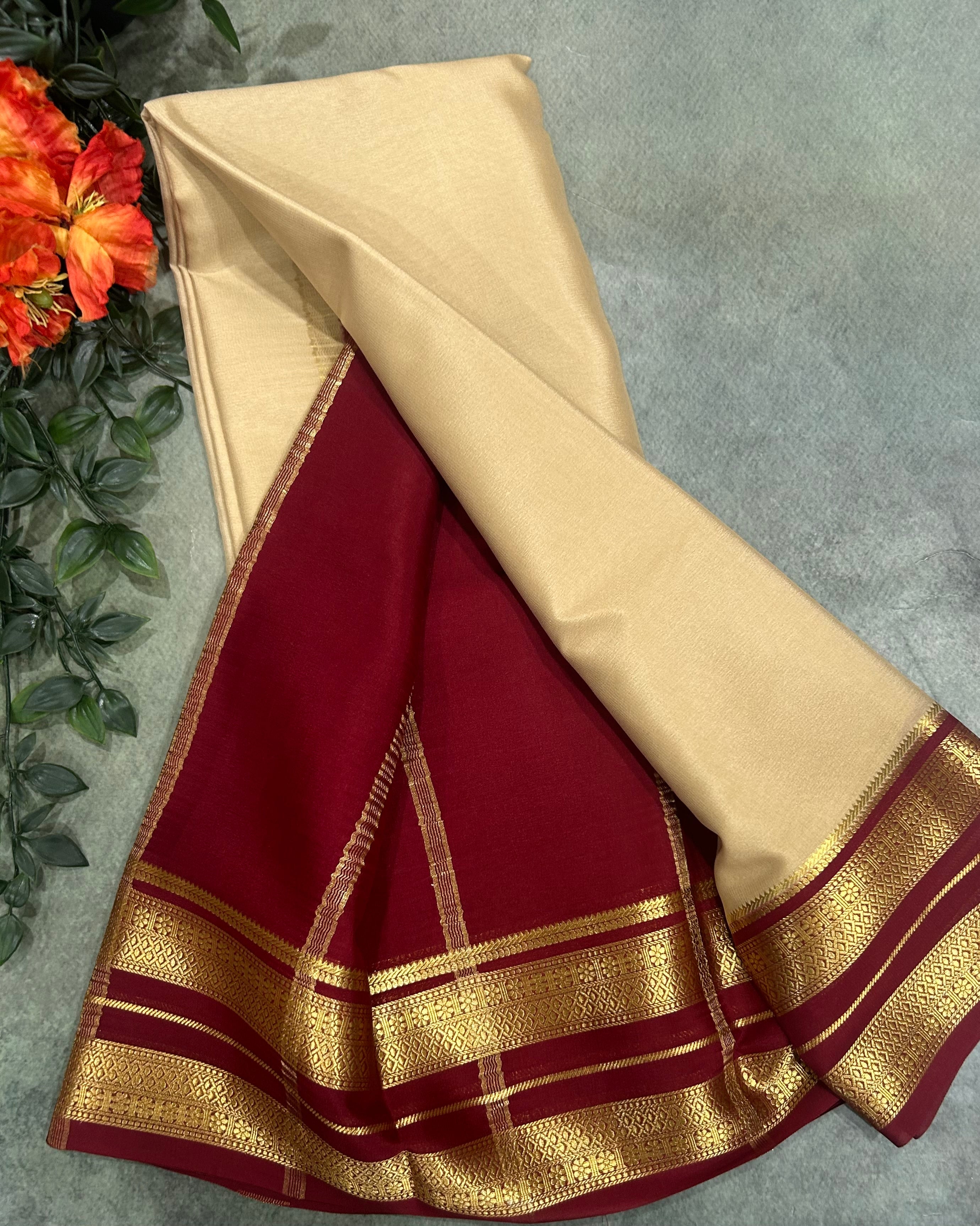 Beige n maroon pure Mysore crepe silk saree