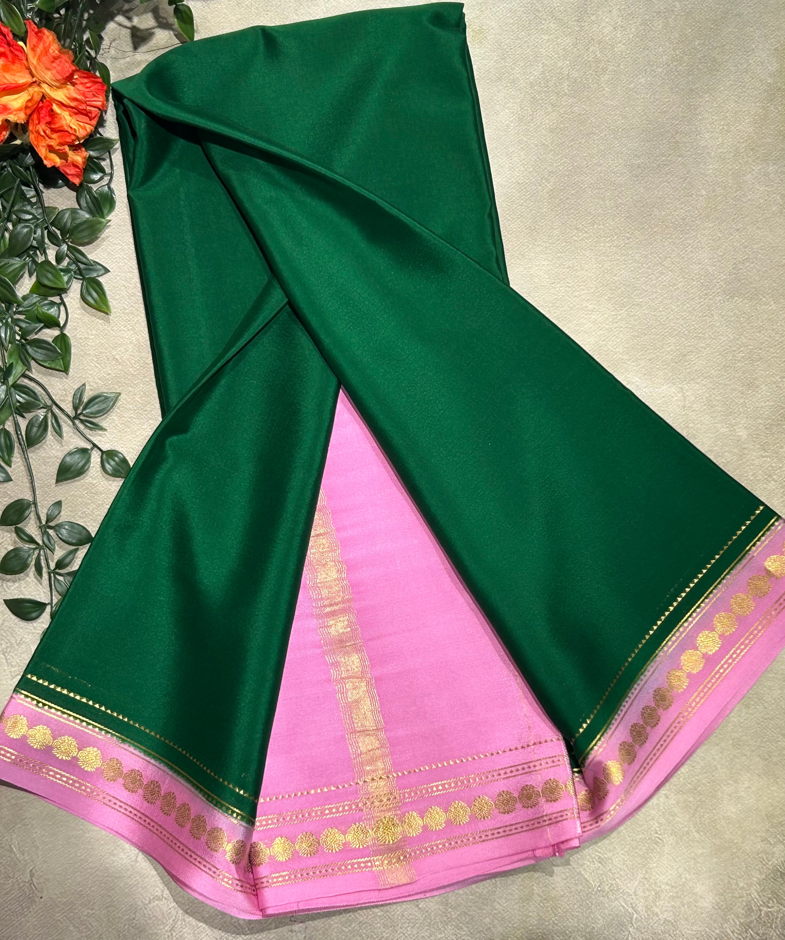 Bottle green stripes border pure Mysore silk-103 saree