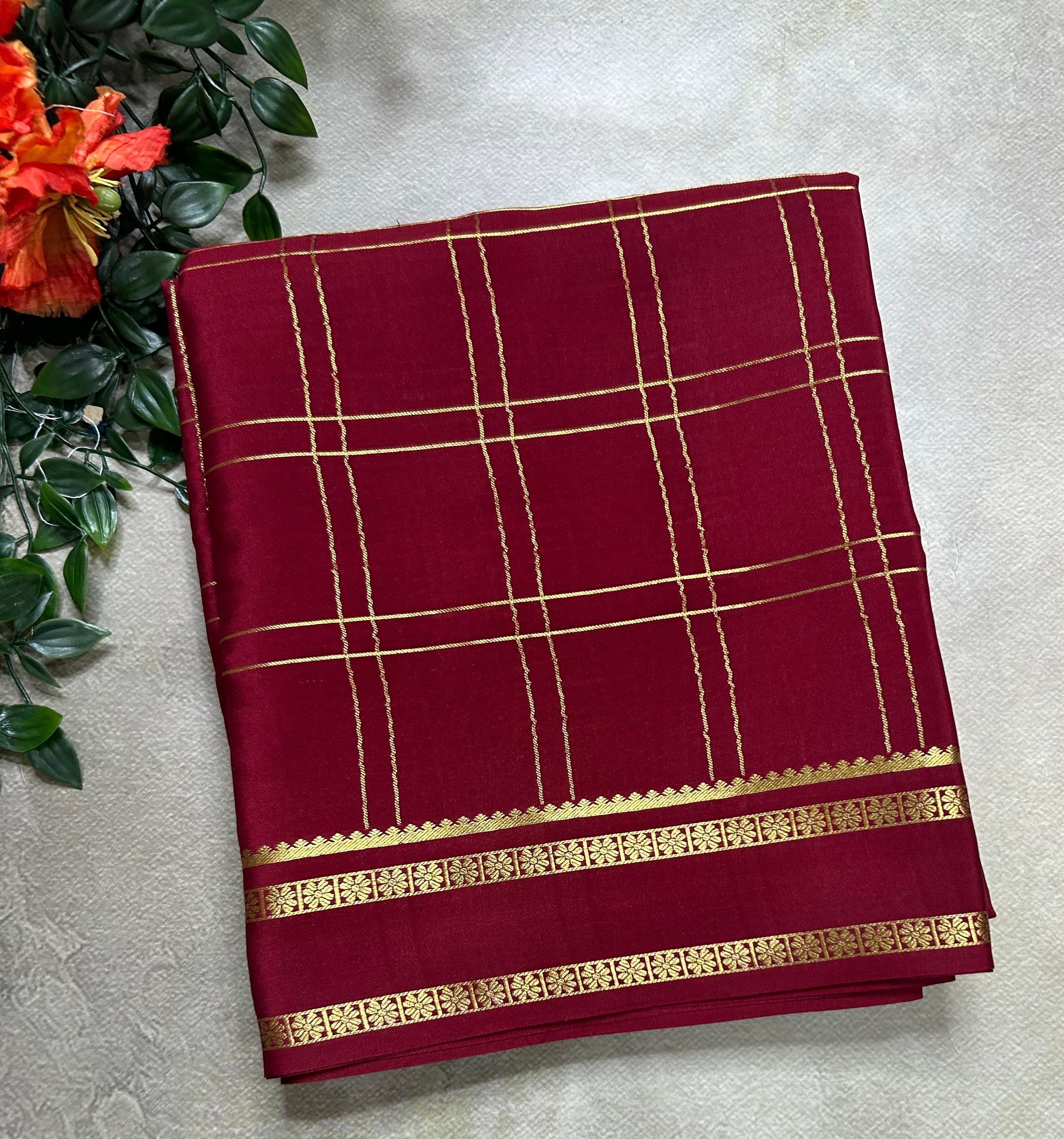 Maroon big checks n Bentex border pure Mysore silk 106 saree