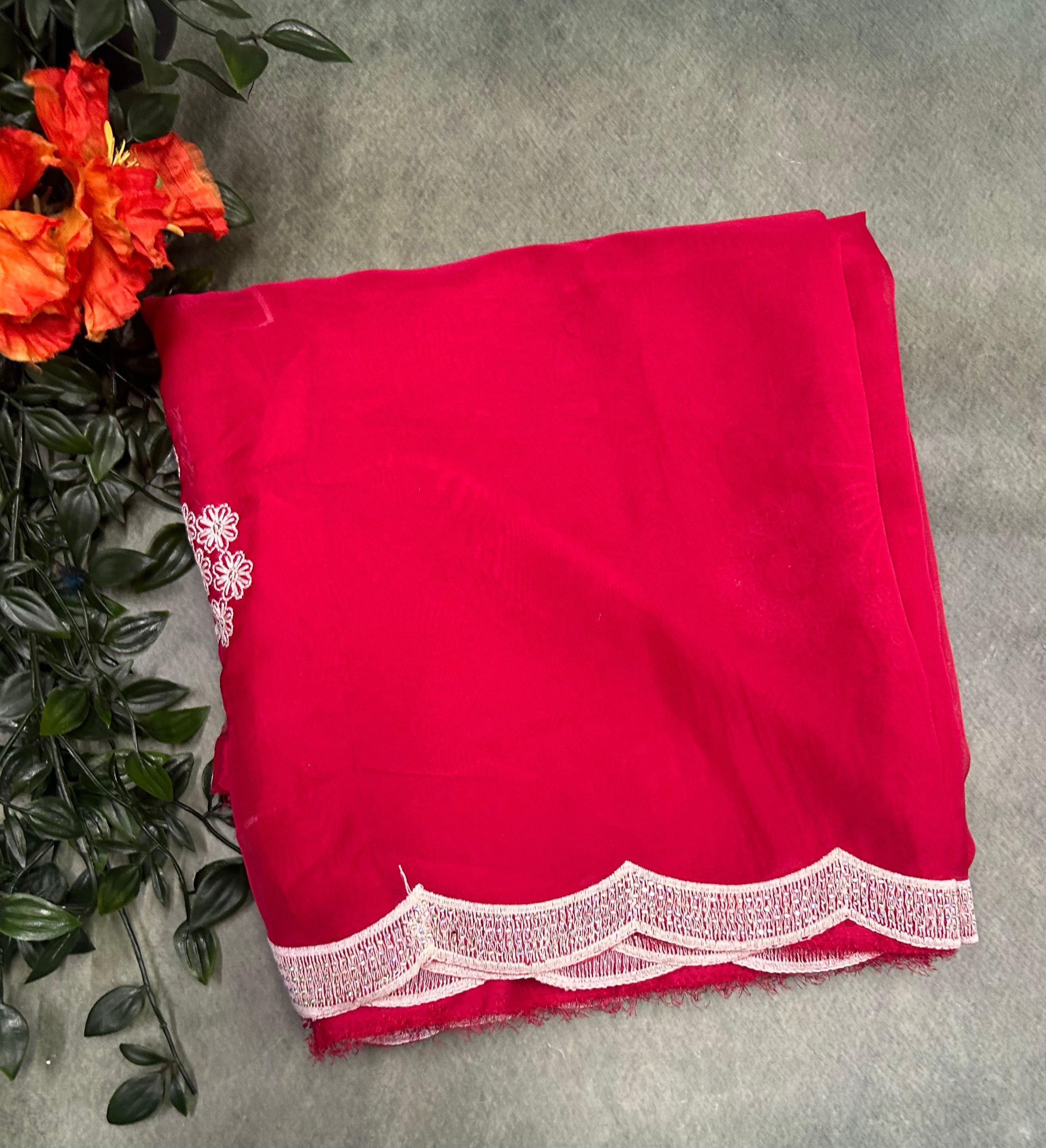 Rani Pink scallop border semi silk saree
