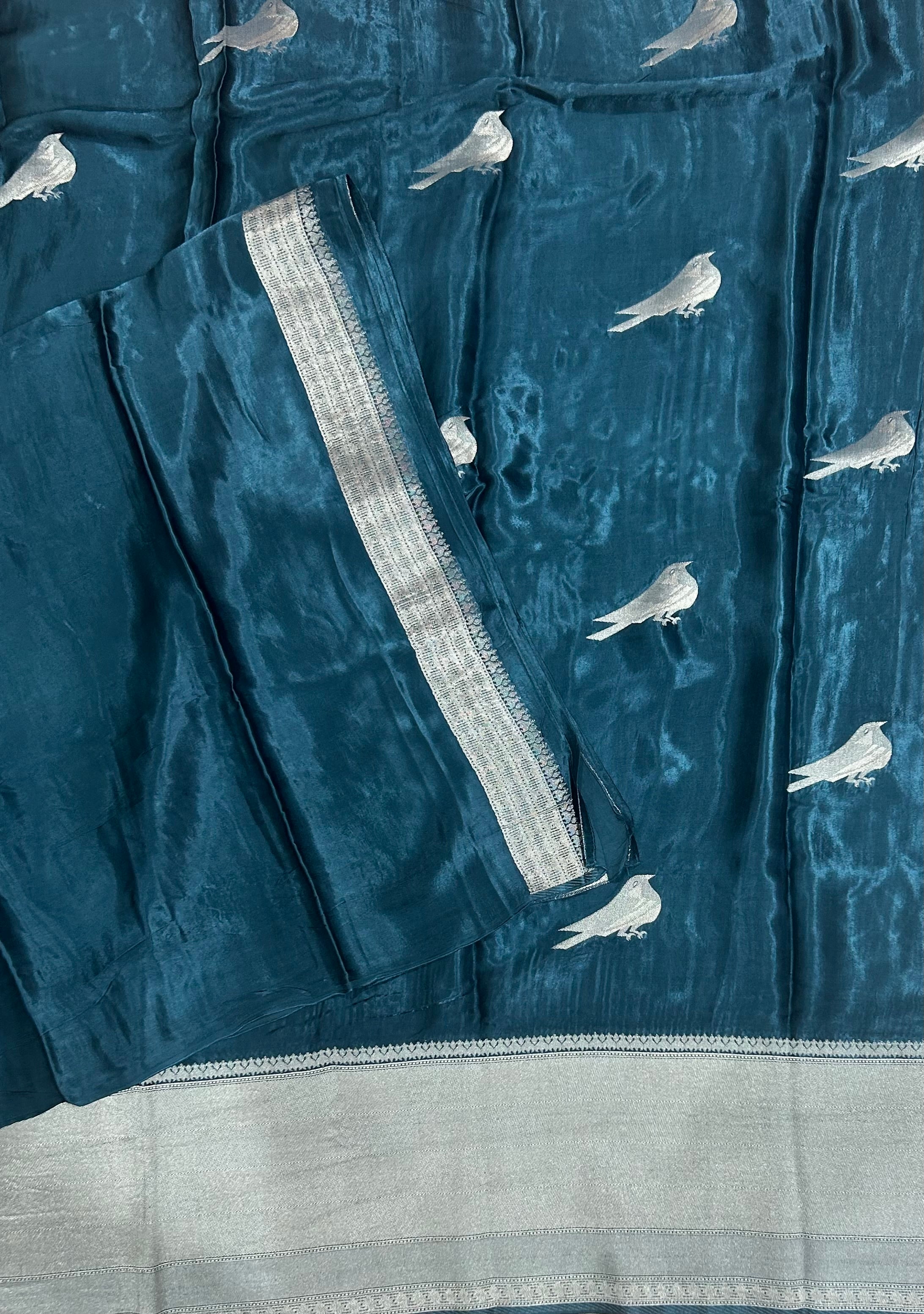 Peacock blue sparrow butta benarasi satin silk saree